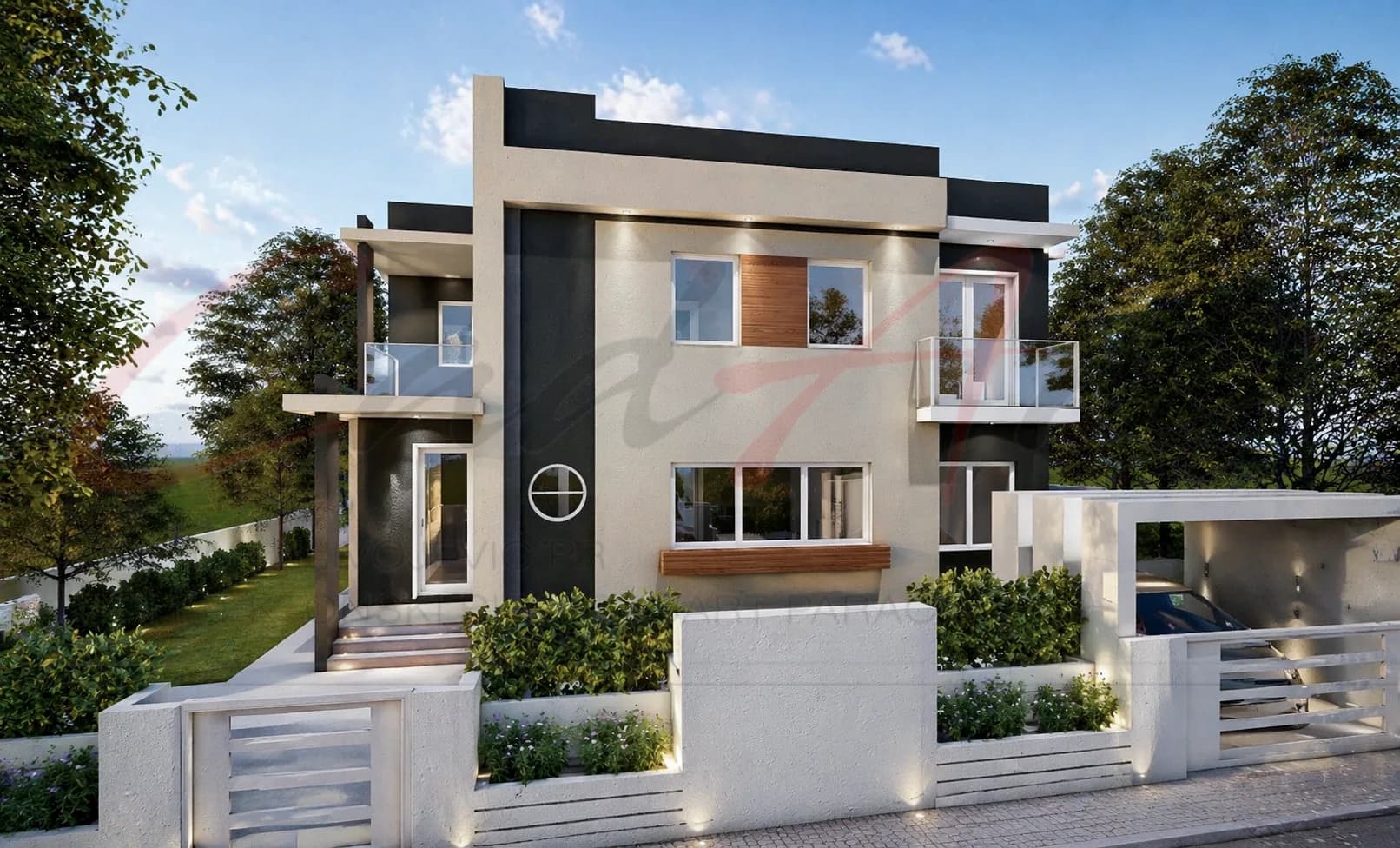 Horizon rendering: two-story modern villa, street front — flat roof, light render with anthracite volumes, timber accents, glass balconies and a side carport; CAD ART studio letterhead as a faint watermark across the image.