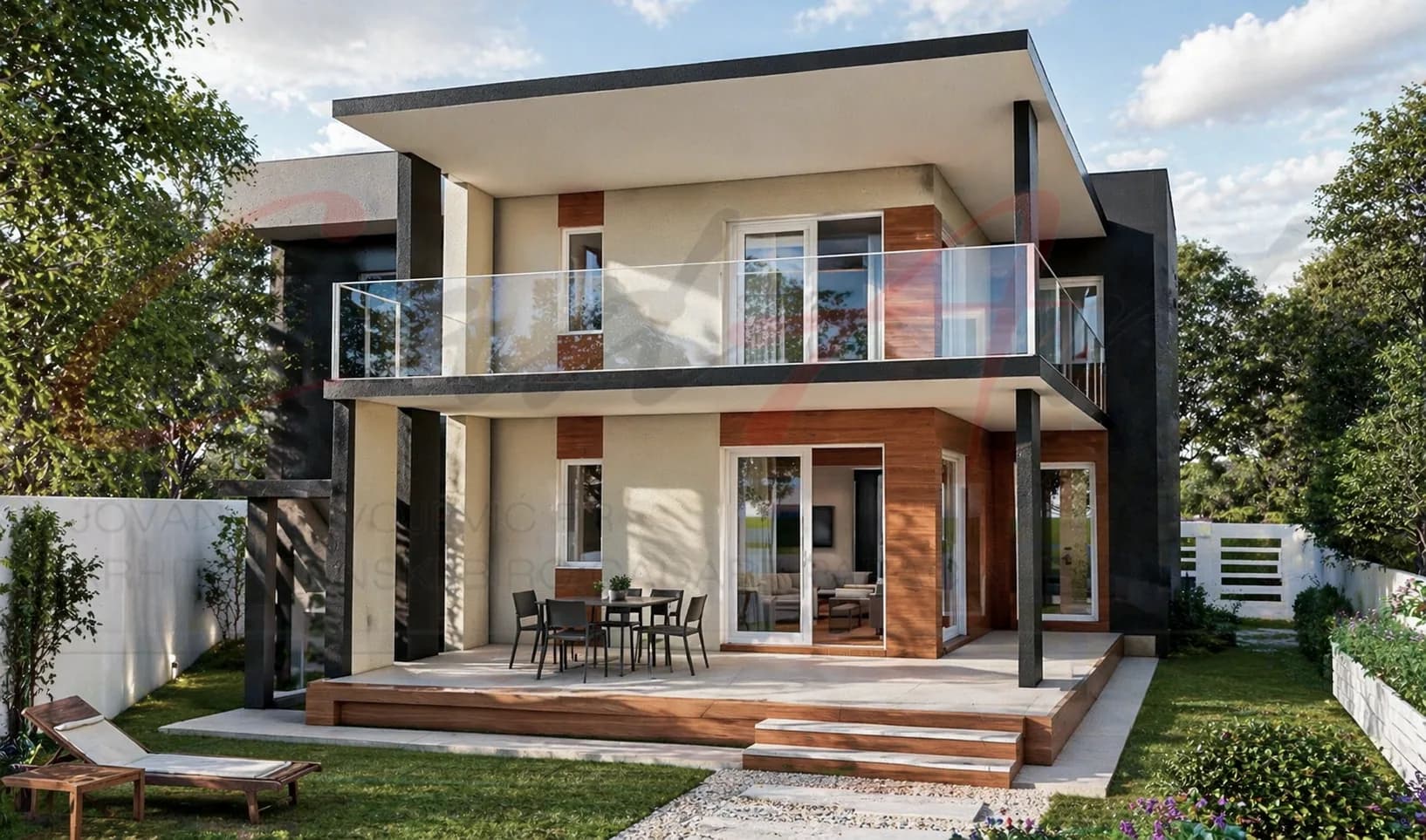 Horizon rendering: rear of the Horizon villa with covered terrace and glass-balustrade balcony; CAD ART studio letterhead as a faint watermark across the image.