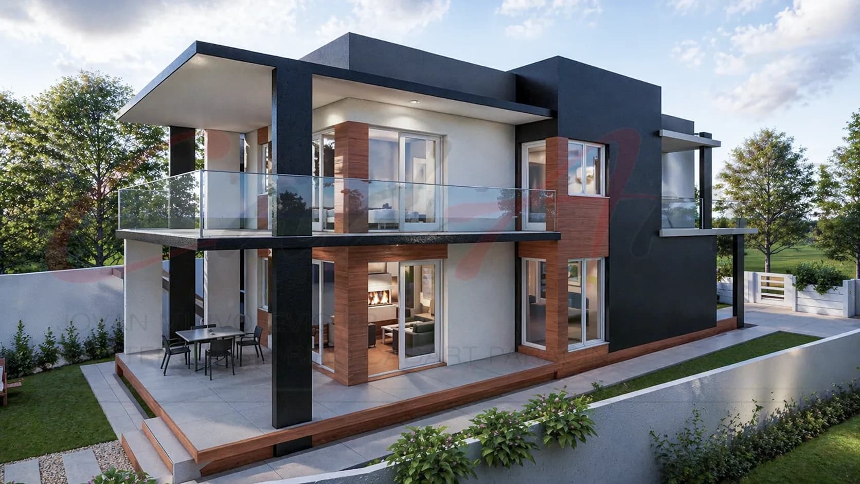 Horizon rendering: side view of the Horizon villa showing the entrance and covered carport; CAD ART studio letterhead as a faint watermark across the image.