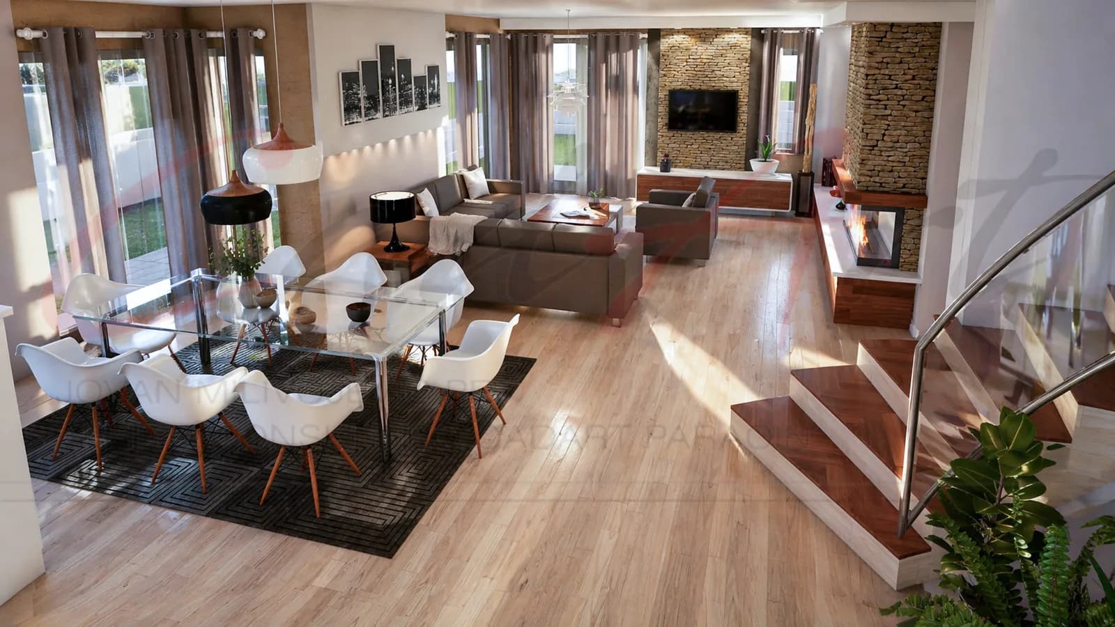 Horizon rendering: living and dining area of the Horizon villa with a stone-clad fireplace wall; CAD ART studio letterhead as a faint watermark across the image.