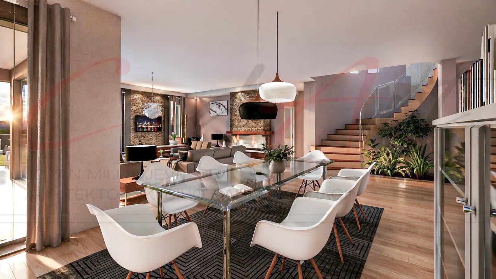 Horizon rendering: dining area with a glass table in the Horizon villa; CAD ART studio letterhead as a faint watermark across the image.