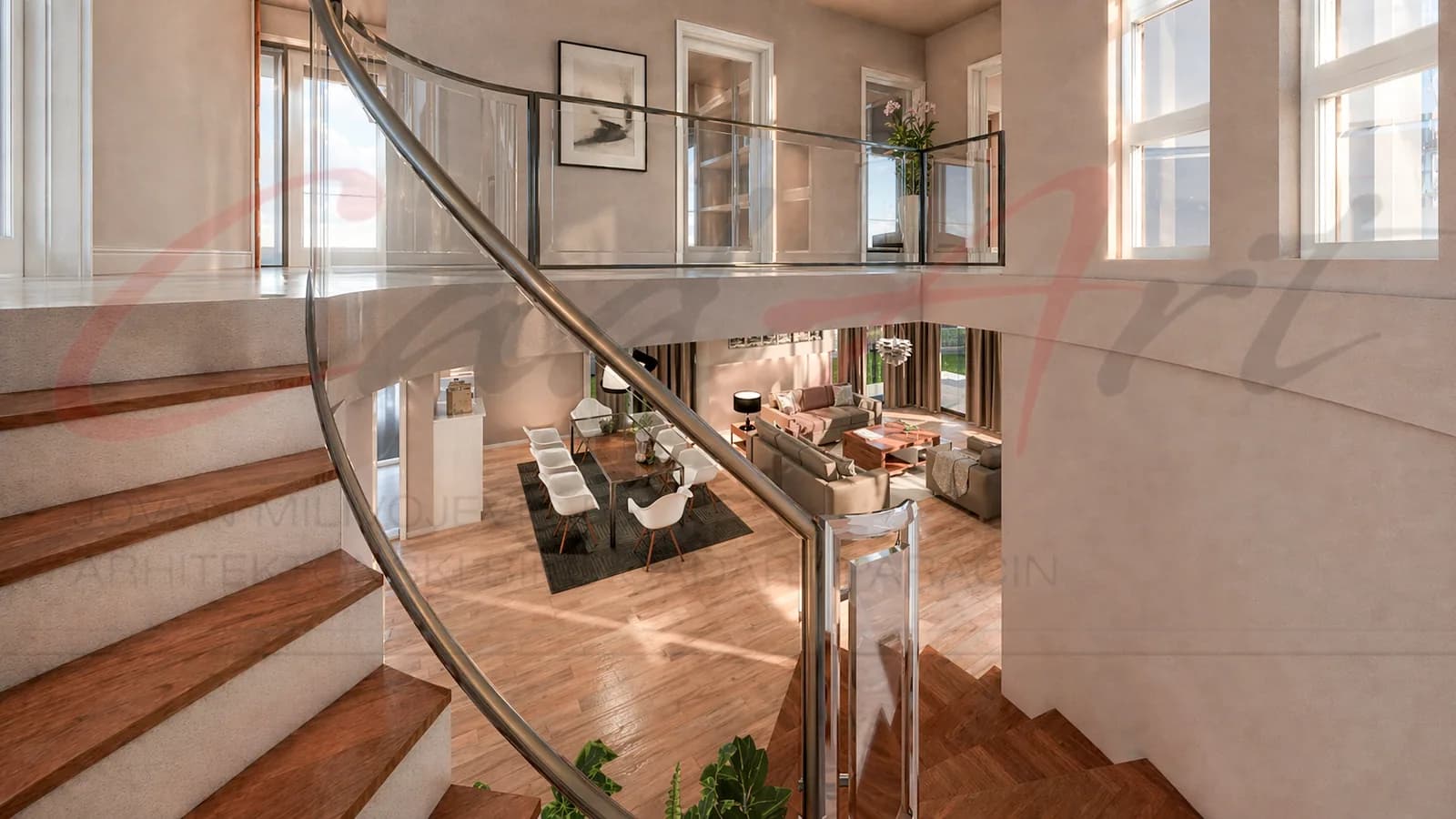 Horizon rendering: spiral staircase with timber treads and glass balustrade in the Horizon villa; CAD ART studio letterhead as a faint watermark across the image.