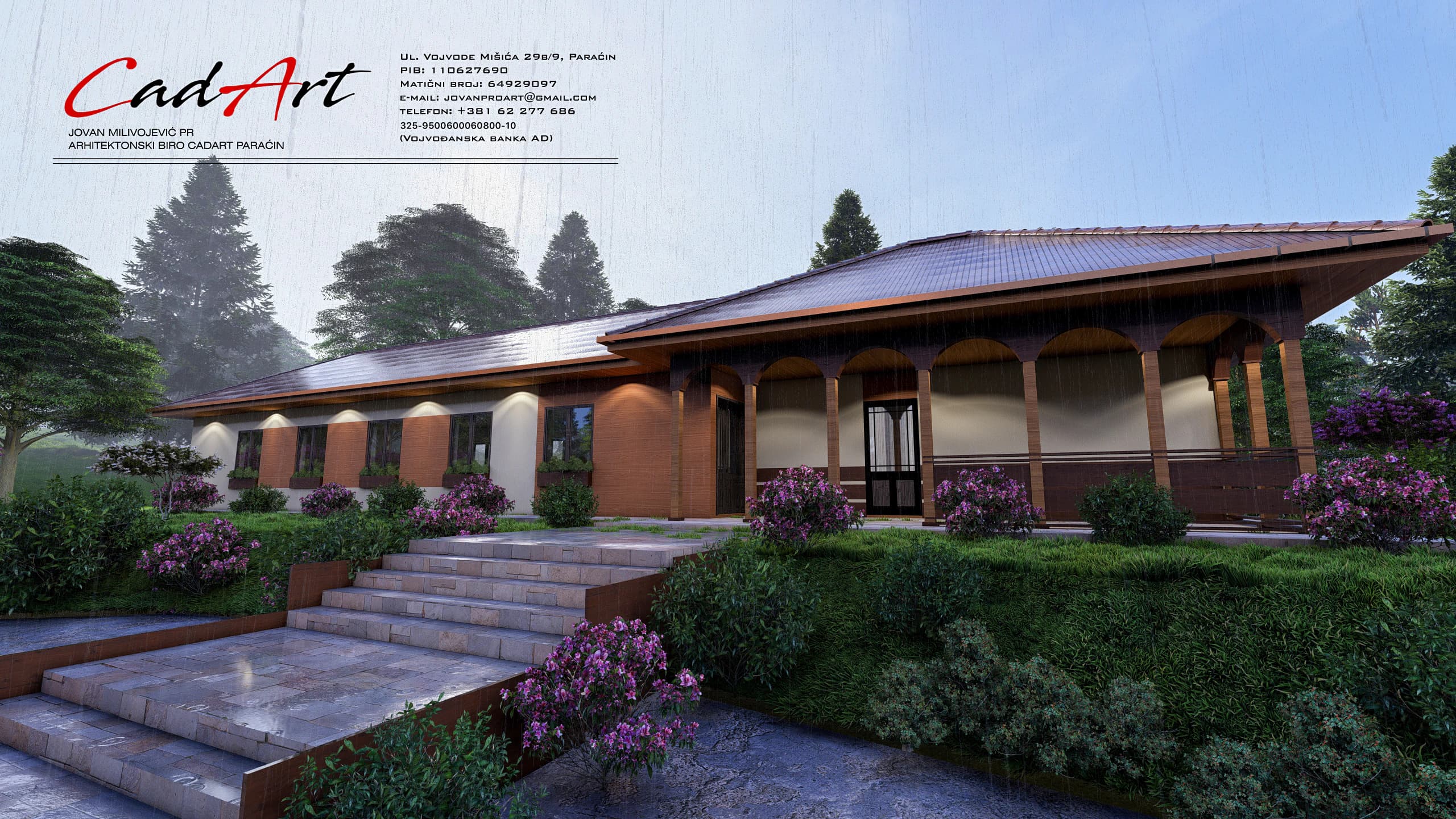 Idyll rendering: modern rustic single-story house — stone steps climb a gentle slope to a long covered veranda of timber arches under a hipped roof; CAD ART studio letterhead in the top-left corner.