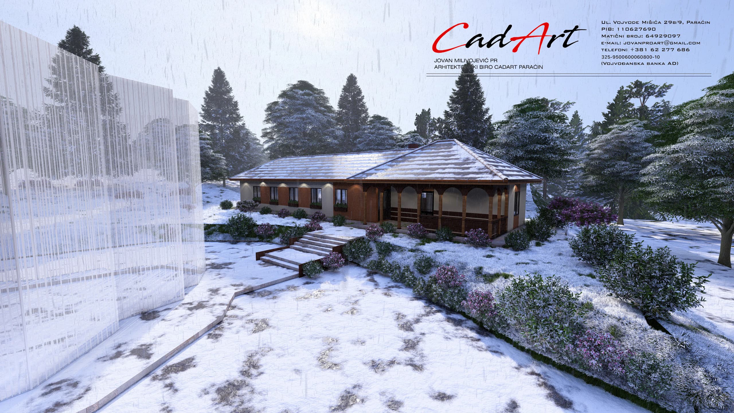 Idyll rendering: the Idyll veranda house in winter, set on a snow-covered wooded slope with stone steps leading up to it; CAD ART studio letterhead in the top-right corner.