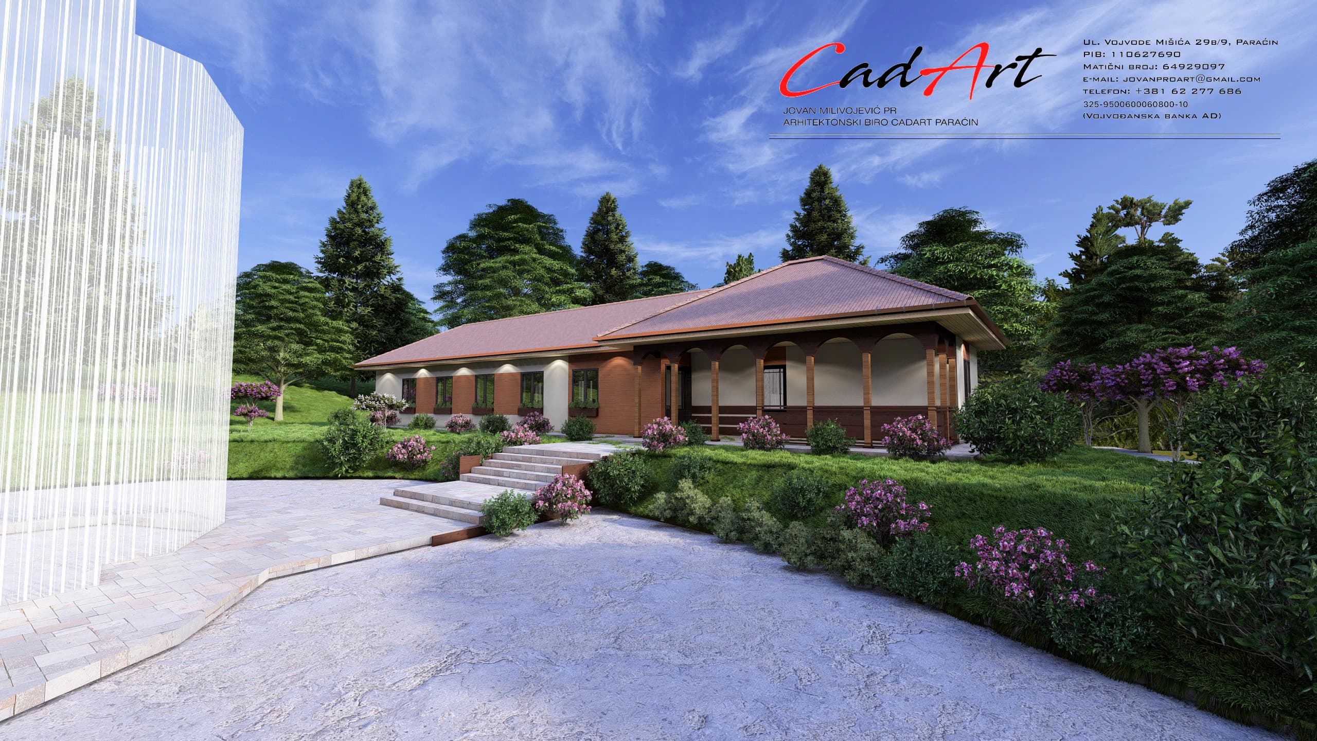 Idyll rendering: exterior view of the Idyll modern rustic veranda house; CAD ART studio letterhead in the top-right corner.