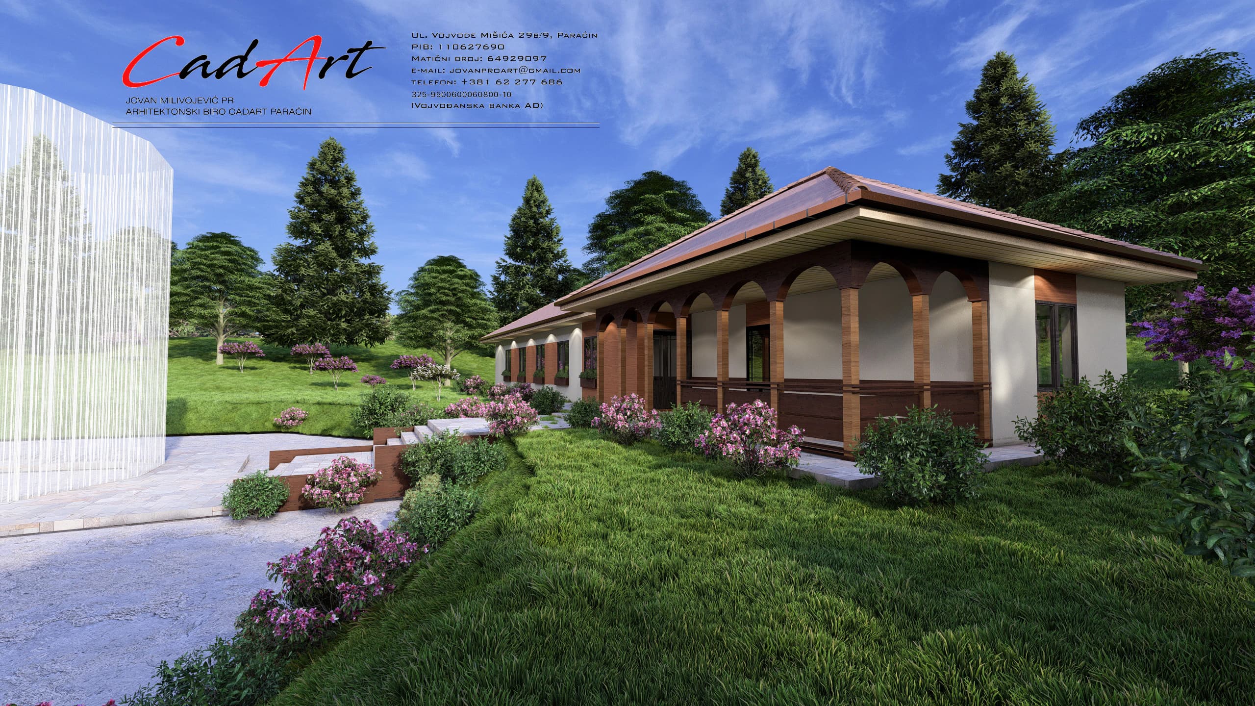 Idyll rendering: timber veranda of the Idyll house with arched frames and posts; CAD ART studio letterhead in the top-left corner.
