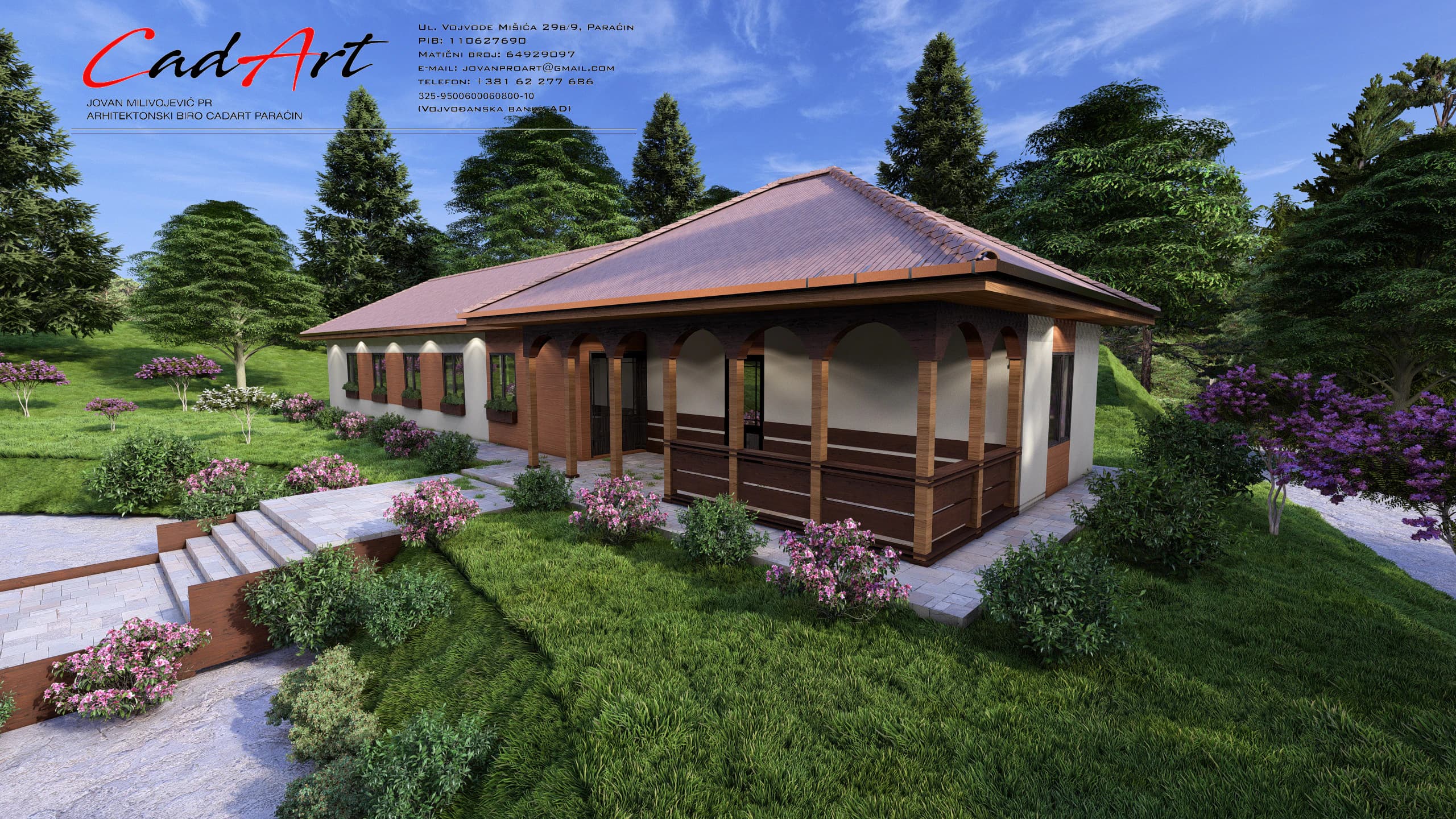Idyll rendering: stone, timber and render on the facade of the Idyll house; CAD ART studio letterhead in the top-left corner.