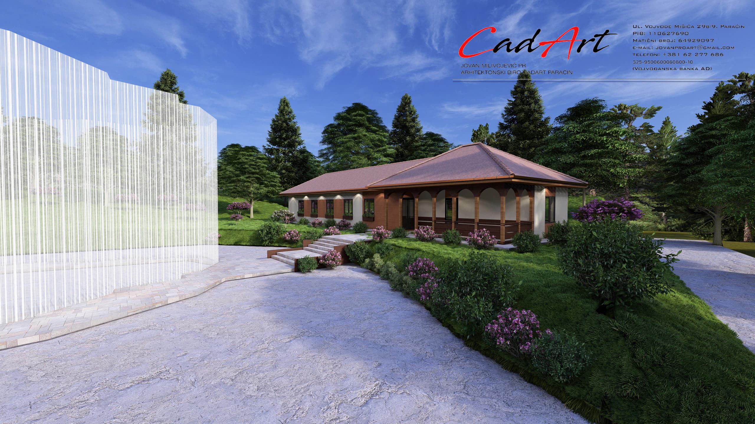 Idyll rendering: entrance to the Idyll house from its covered veranda; CAD ART studio letterhead in the top-right corner.