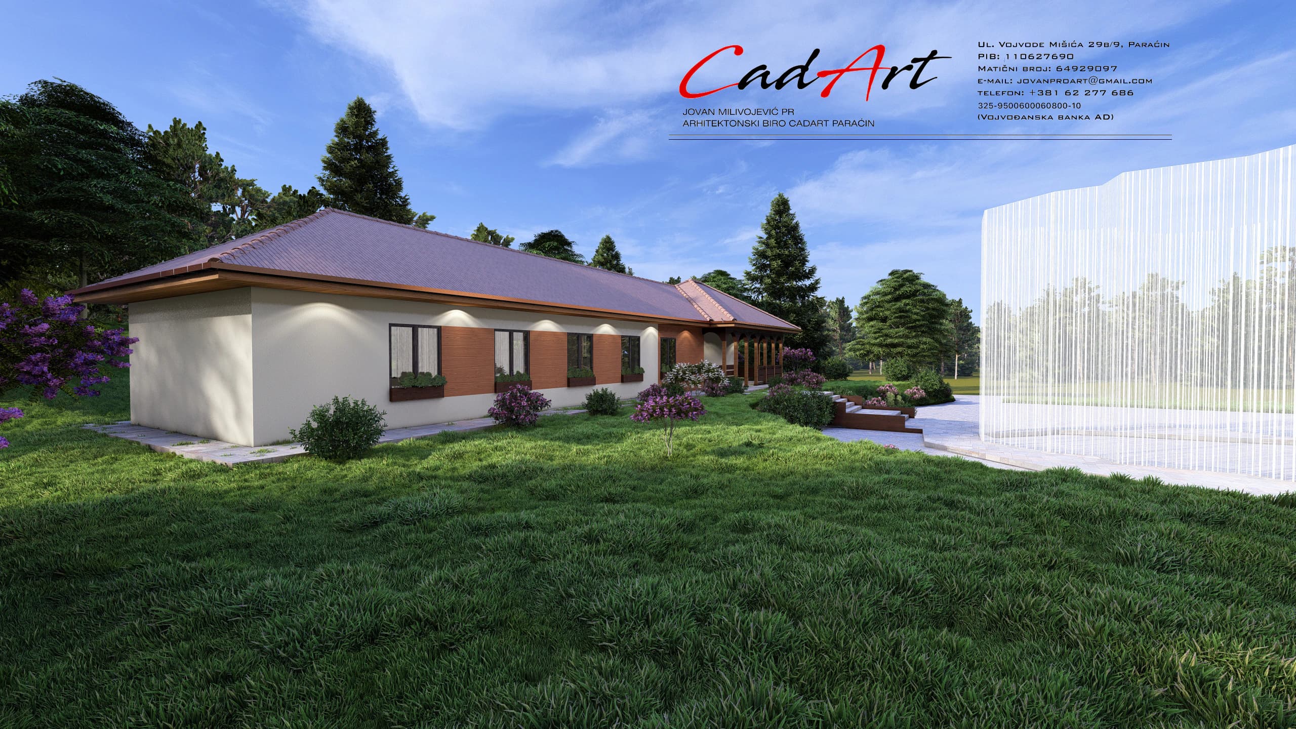 Idyll rendering: side view of the Idyll single-story house; CAD ART studio letterhead in the top-right corner.