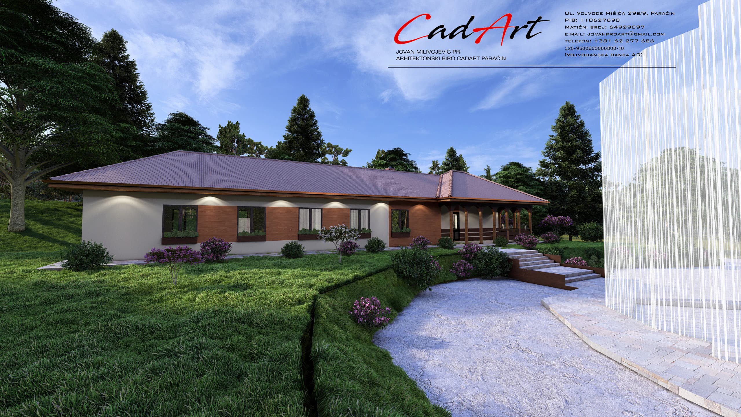 Idyll rendering: hipped clay-tile roofs over the two wings of the Idyll house; CAD ART studio letterhead in the top-right corner.