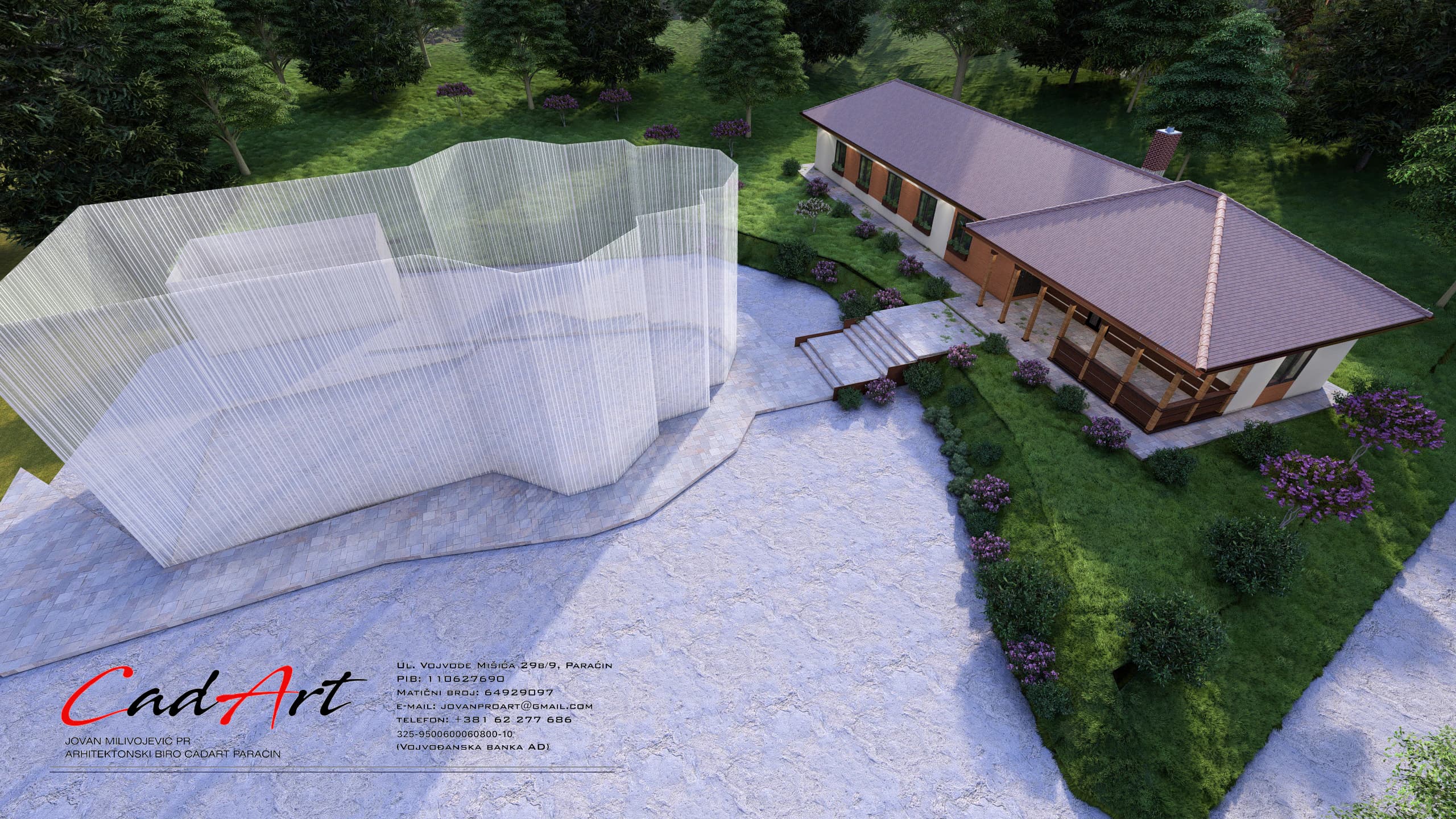 Idyll rendering: the Idyll house nestled into a wooded, landscaped setting; CAD ART studio letterhead in the bottom-left corner.