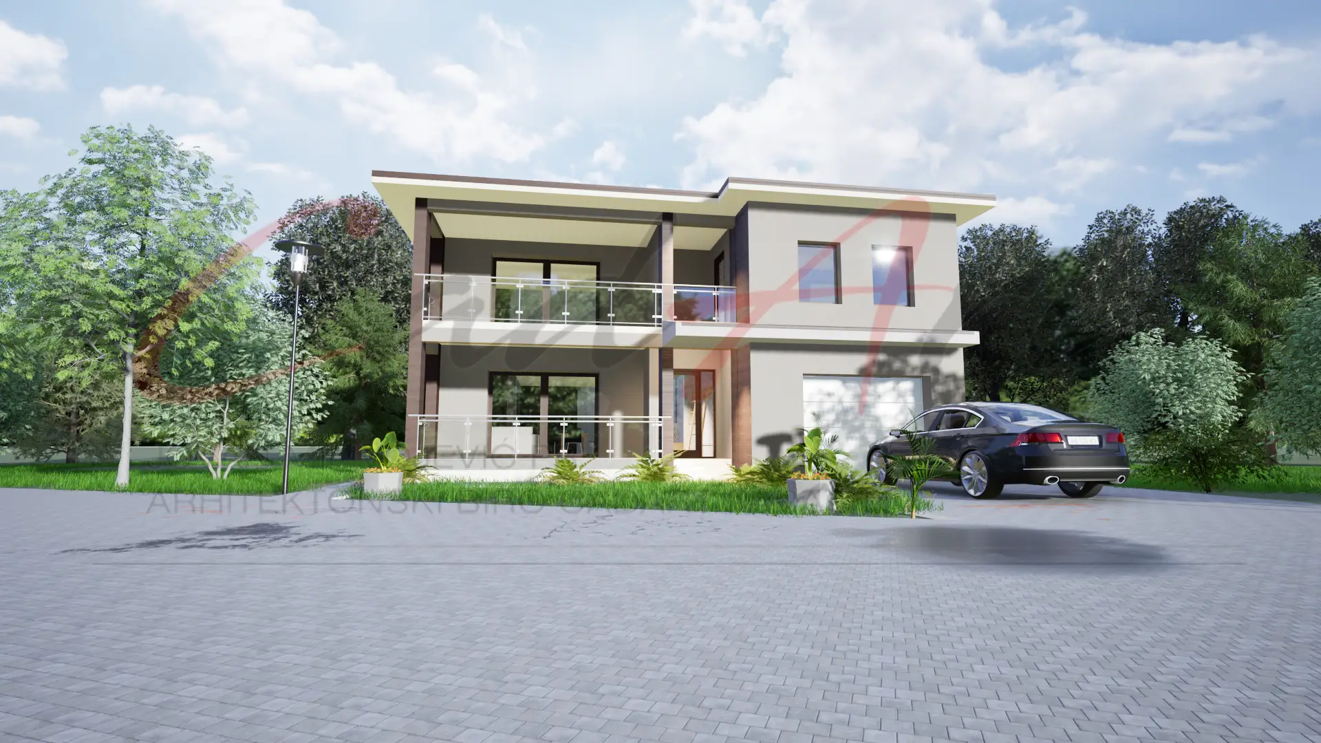 Linea rendering: two-story European modern home with a flat overhanging roof, timber-clad piers, glass-railed balconies and an integrated garage; CAD ART studio letterhead as a faint watermark across the image.