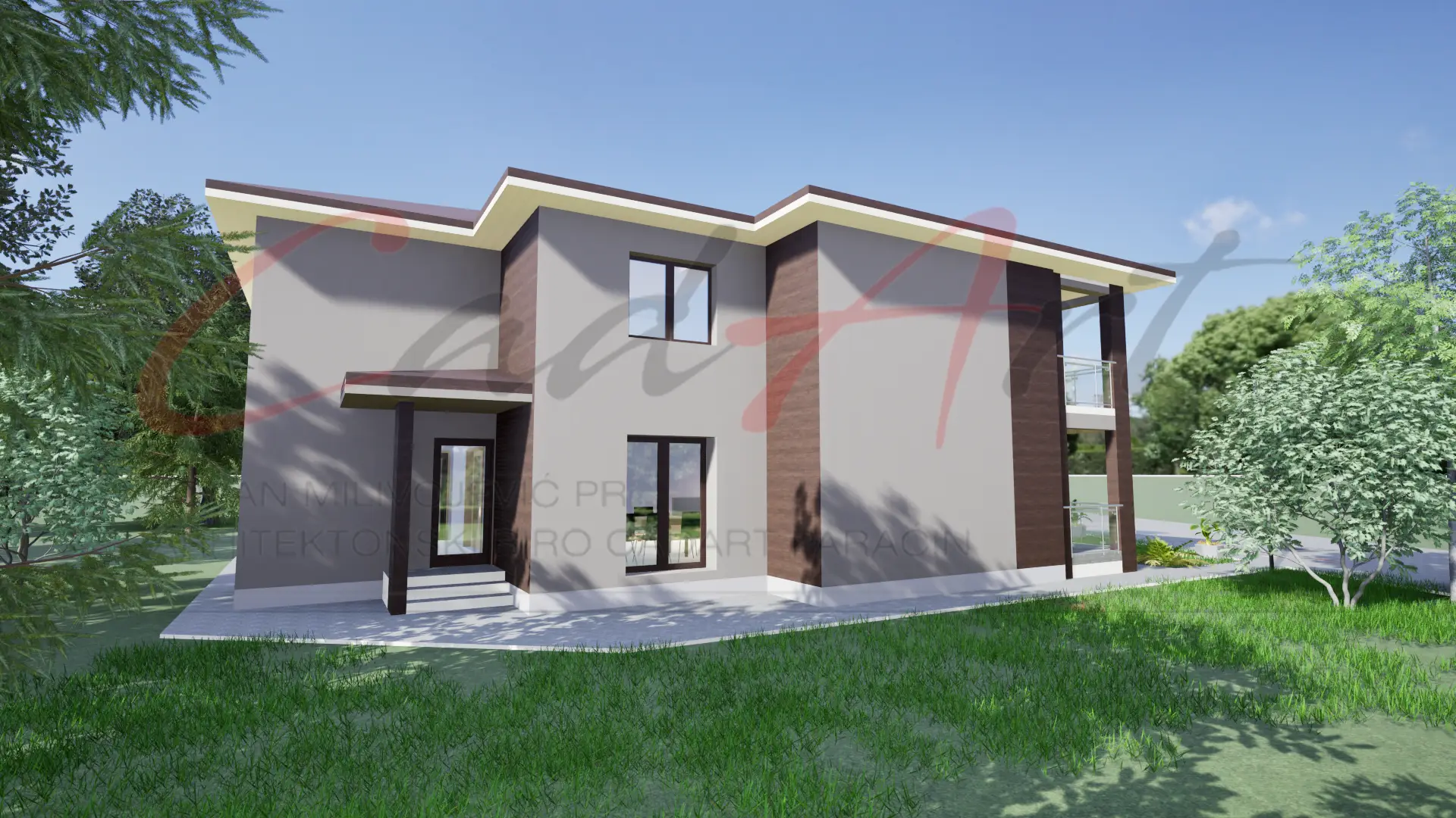 Linea rendering: front exterior of the Linea house — light render, vertical timber cladding and a flat roof with deep eaves; CAD ART studio letterhead as a faint watermark across the image.