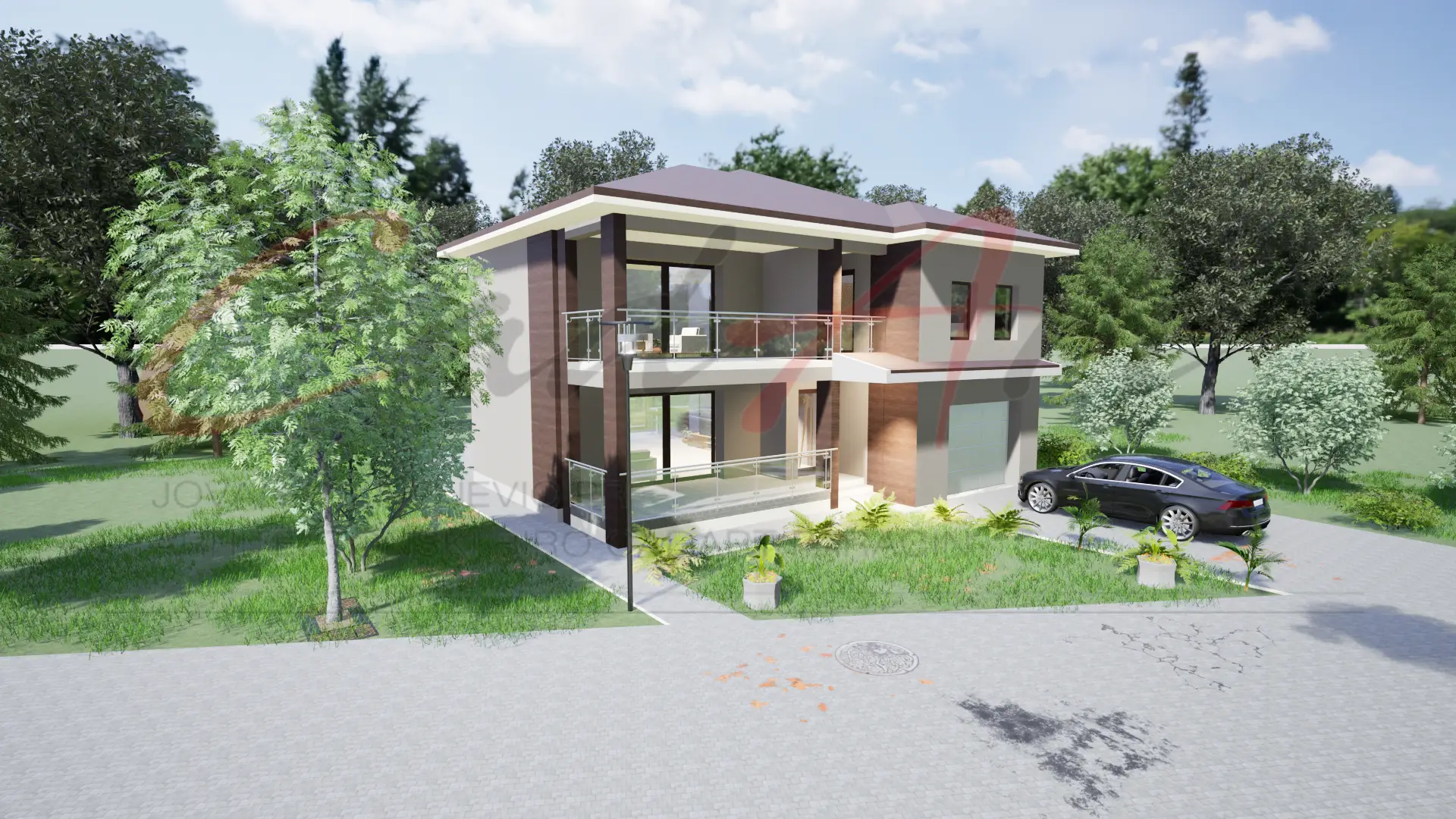 Linea rendering: side view of the Linea house showing the covered terrace and glass-railed balcony; CAD ART studio letterhead as a faint watermark across the image.