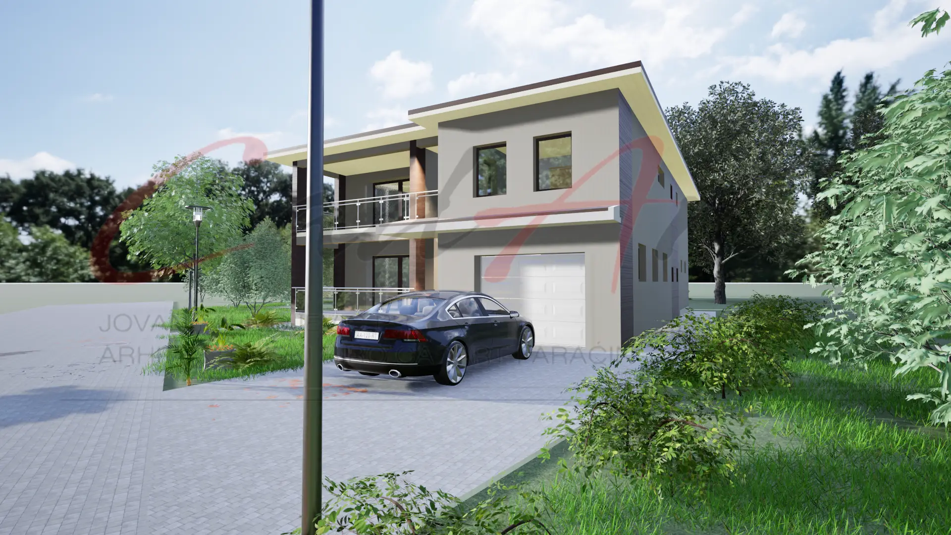 Linea rendering: garden view of the Linea two-story modern house with large glazed openings onto the lawn; CAD ART studio letterhead as a faint watermark across the image.