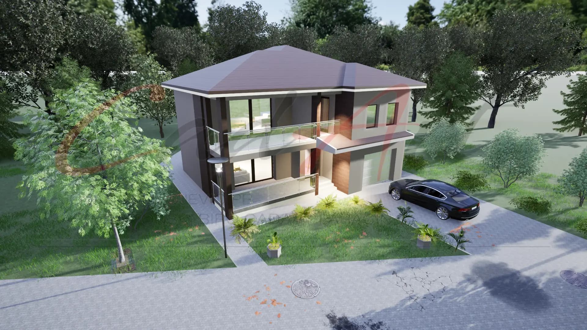 Linea rendering: entrance and integrated garage of the Linea modern family house; CAD ART studio letterhead as a faint watermark across the image.