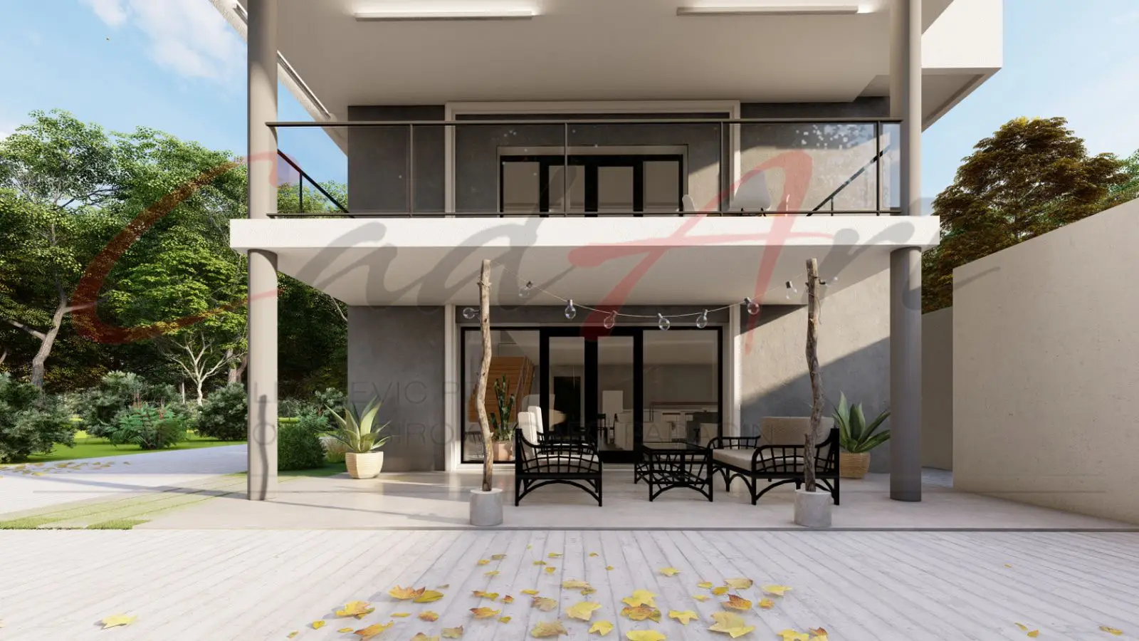 Loggia rendering: covered patio with lounge seating beneath a glass-railed balcony, with floor-to-ceiling sliding doors to the living area; CAD ART studio letterhead as a faint watermark across the image.