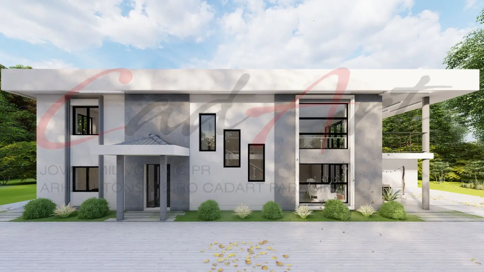 Loggia rendering: entrance facade in white render and gray panels, with staggered vertical windows, a tall glazed bay and a columned entry porch; CAD ART studio letterhead as a faint watermark across the image.