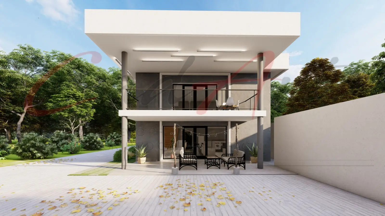 Loggia rendering: garden elevation with covered terraces on both floors sheltered by a cantilevered flat roof; CAD ART studio letterhead as a faint watermark across the image.