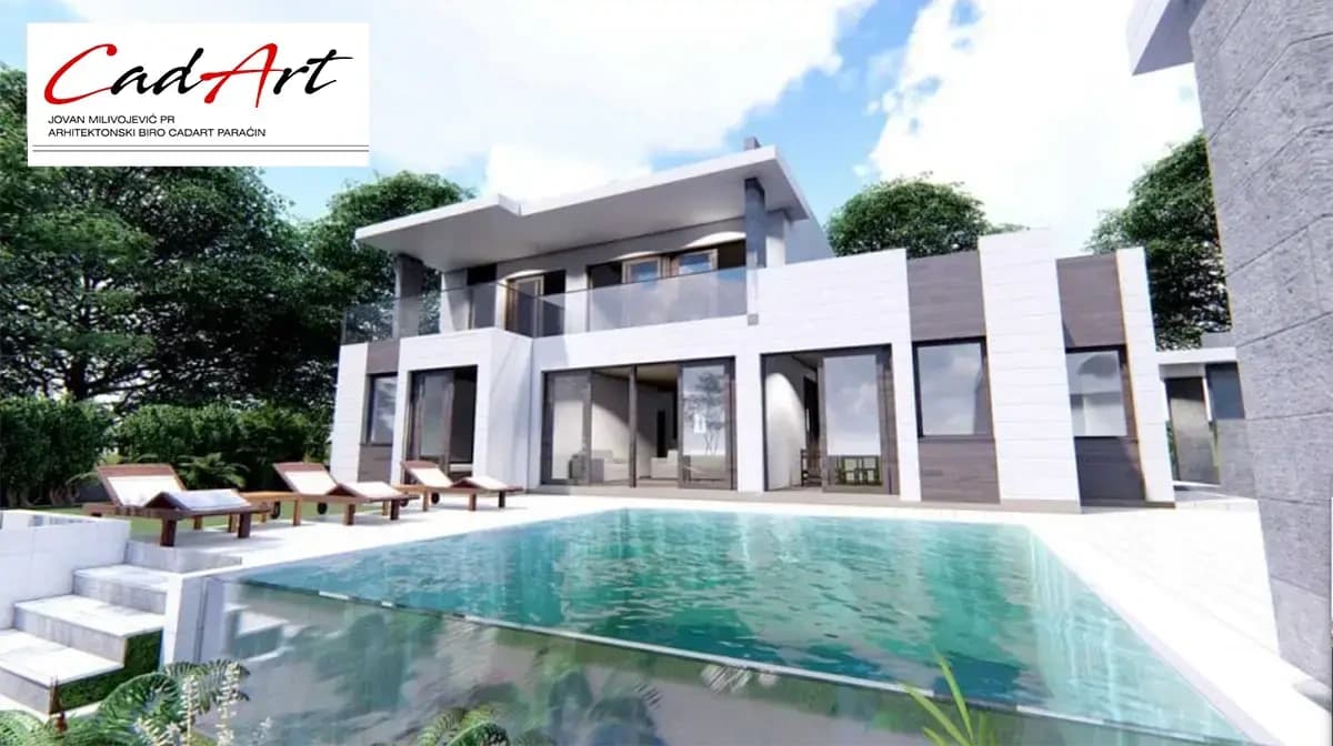 Lumen rendering: flat-roof contemporary villa with white volumes, a glass-balustrade terrace and a glass-sided pool; CAD ART studio letterhead in the top-left corner.