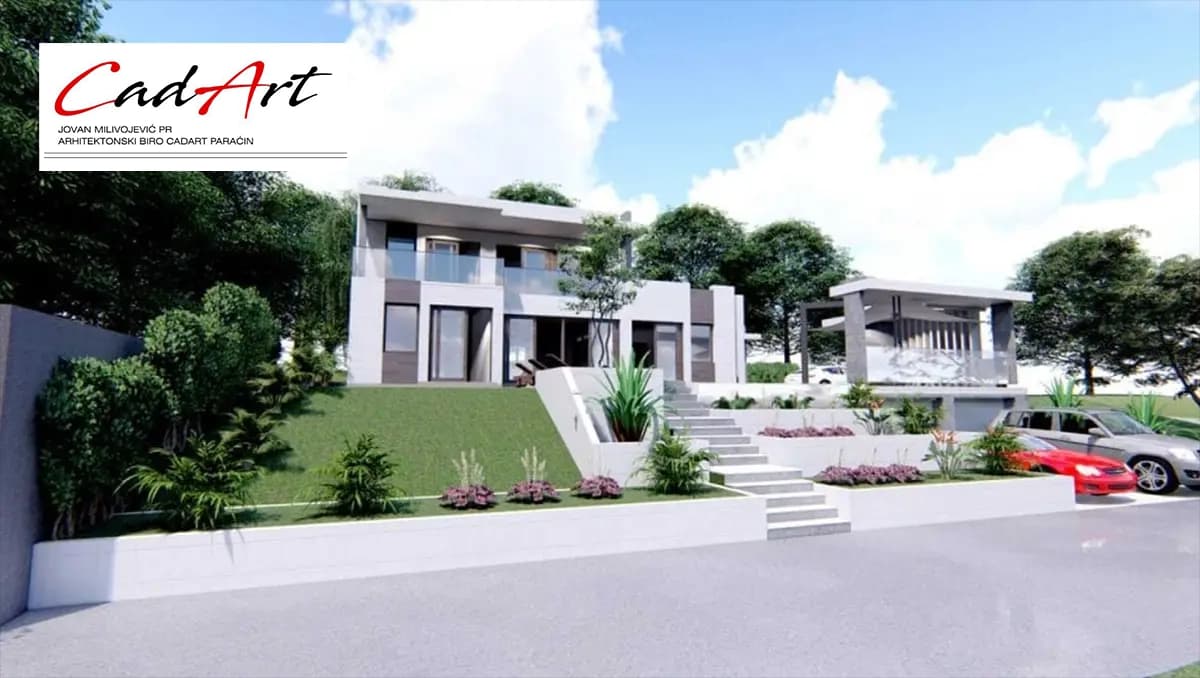 Lumen rendering: front facade of a flat-roof contemporary villa with white and dark timber-look cladding; CAD ART studio letterhead in the top-left corner.