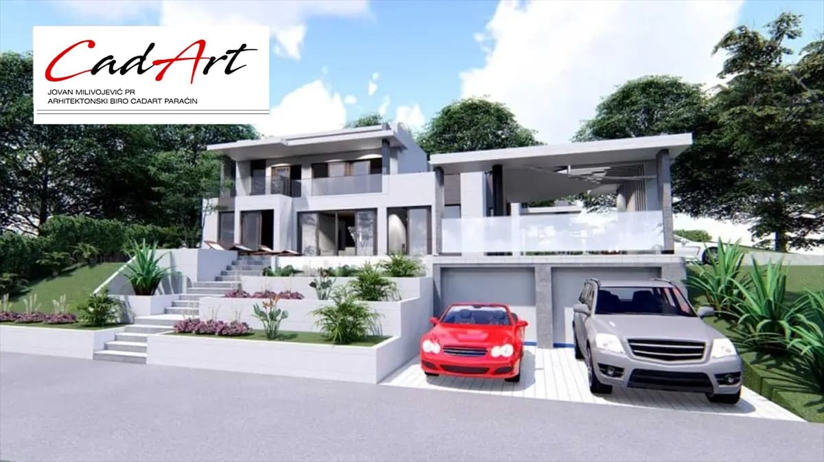 Lumen rendering: glass-sided pool and sun terrace beside a flat-roof contemporary villa; CAD ART studio letterhead in the top-left corner.