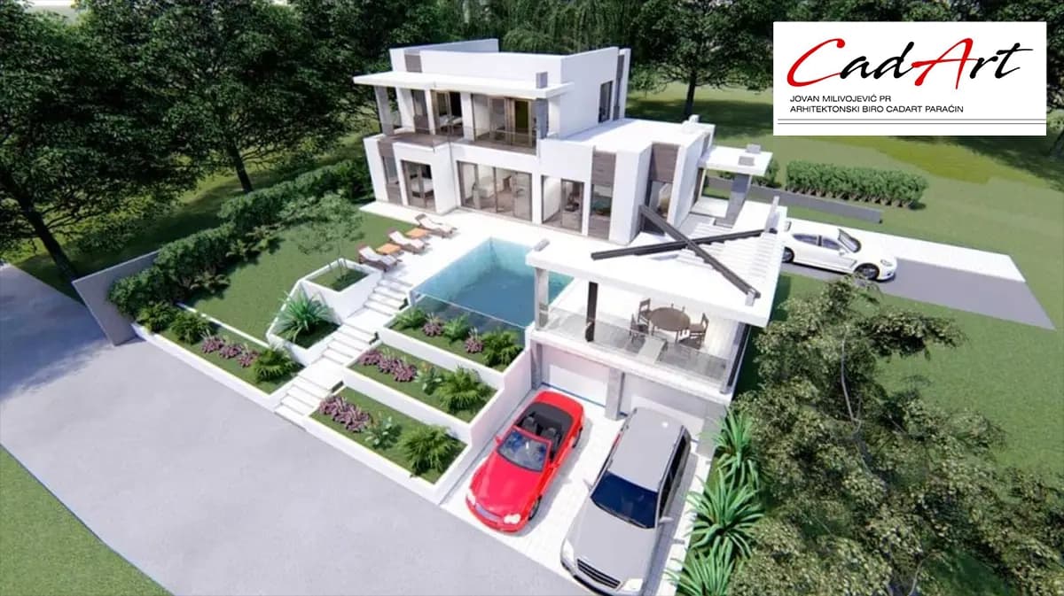 Lumen rendering: garden view of a two-story flat-roof villa with large sliding glass doors; CAD ART studio letterhead in the top-right corner.