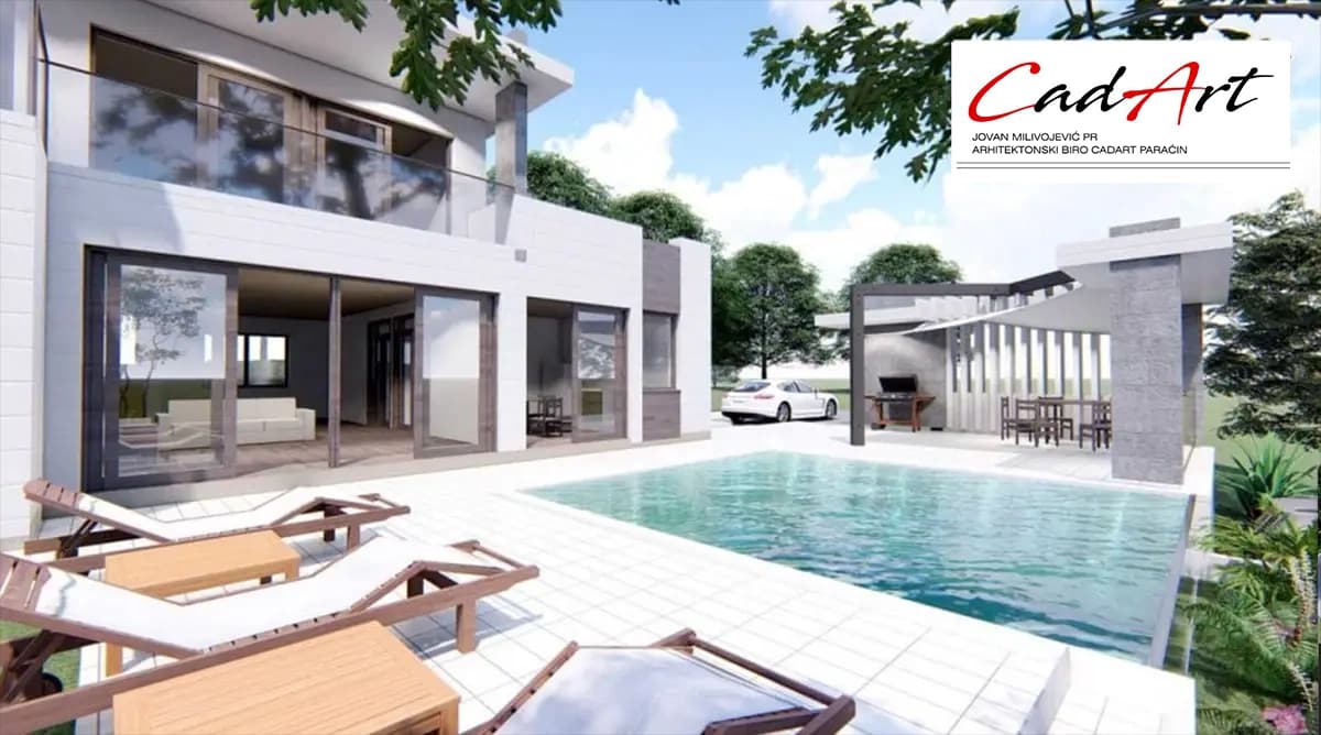 Lumen rendering: facade of a flat-roof villa combining white render, gray stone and timber-look panels; CAD ART studio letterhead in the top-right corner.