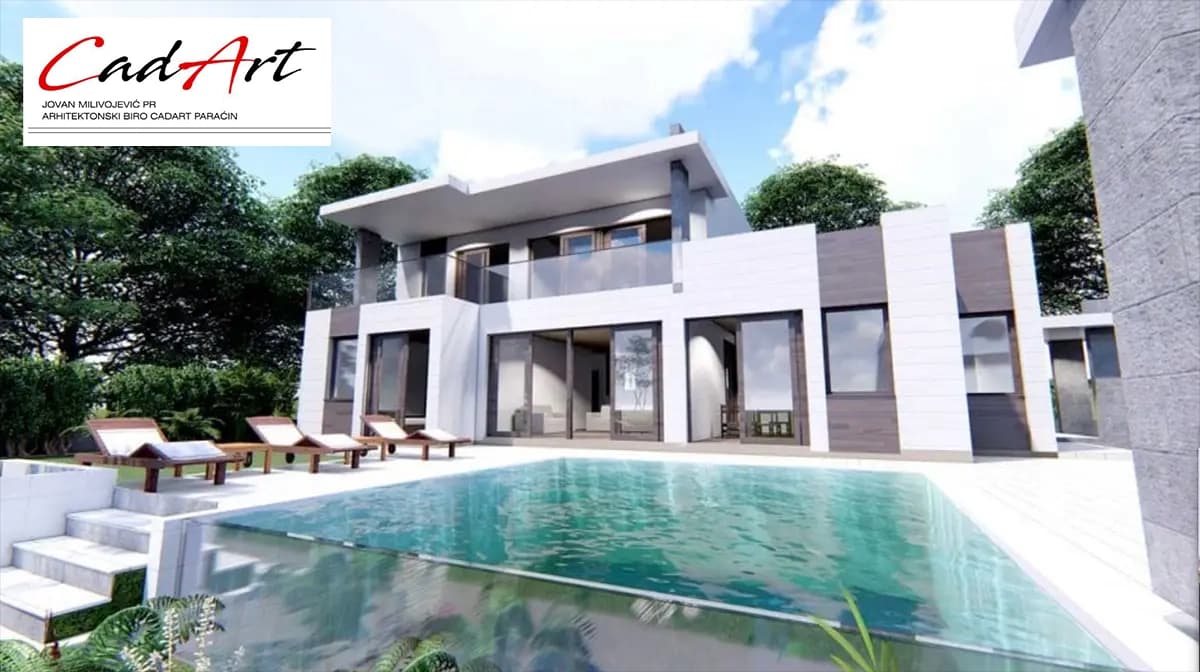 Lumen rendering: side view of a flat-roof contemporary villa with its pool terrace; CAD ART studio letterhead in the top-left corner.