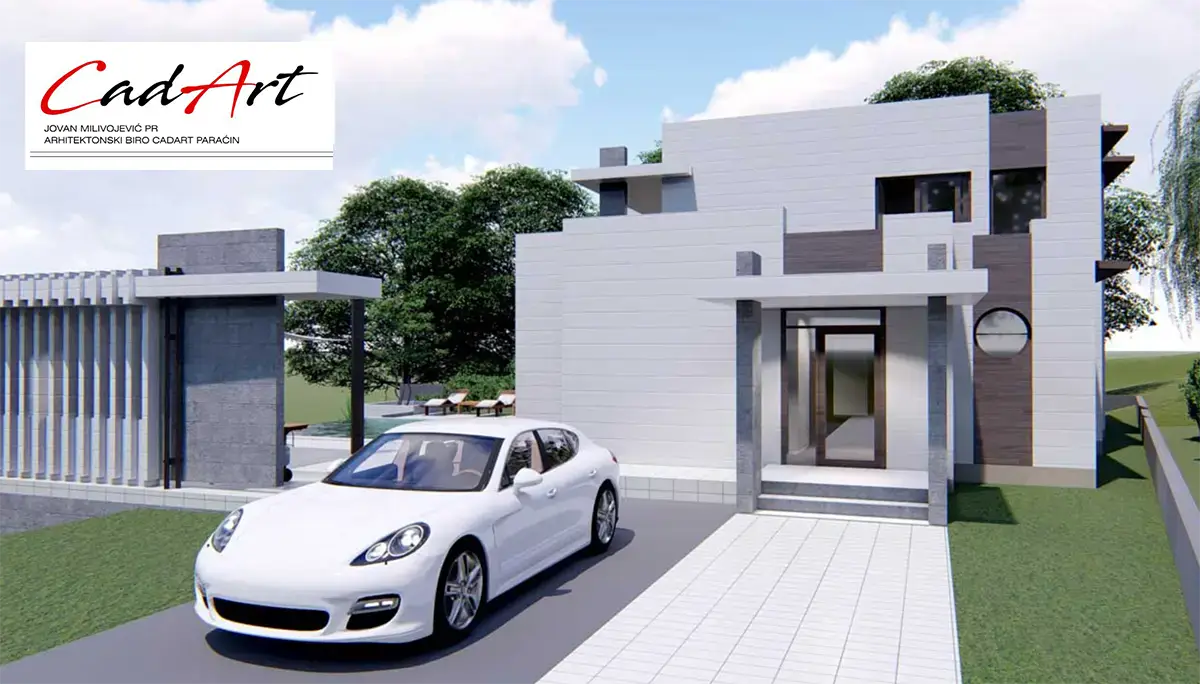 Lumen rendering: exterior of a two-story contemporary villa with deep flat-roof overhangs; CAD ART studio letterhead in the top-left corner.