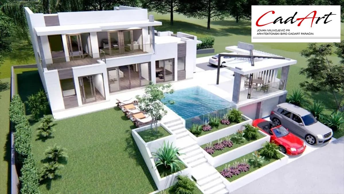 Lumen rendering: flat-roof villa and pool lit up at dusk; CAD ART studio letterhead in the top-right corner.