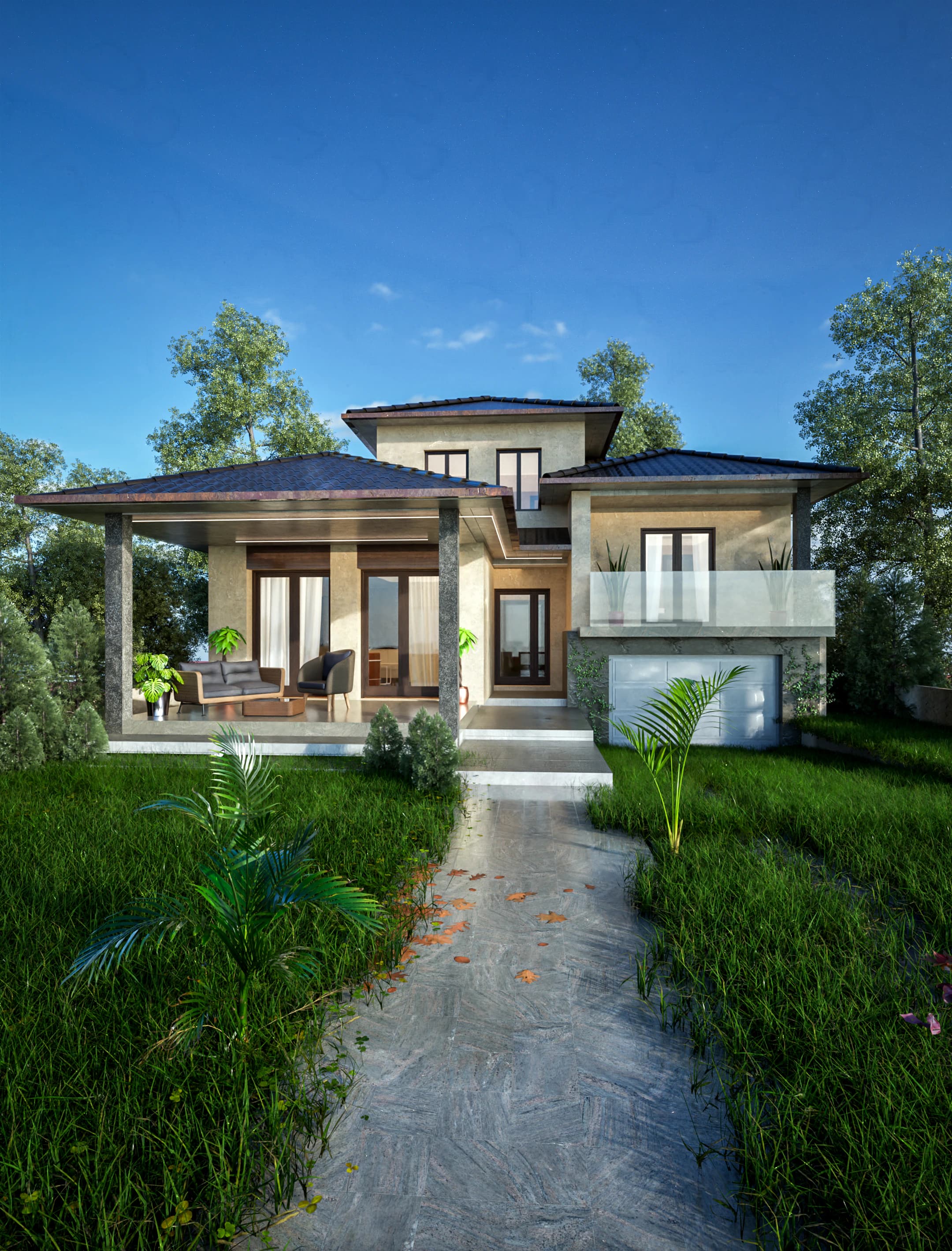 Natura rendering: contemporary two-story family house with hipped roofs, a deep covered loggia and a garage at the lower level.