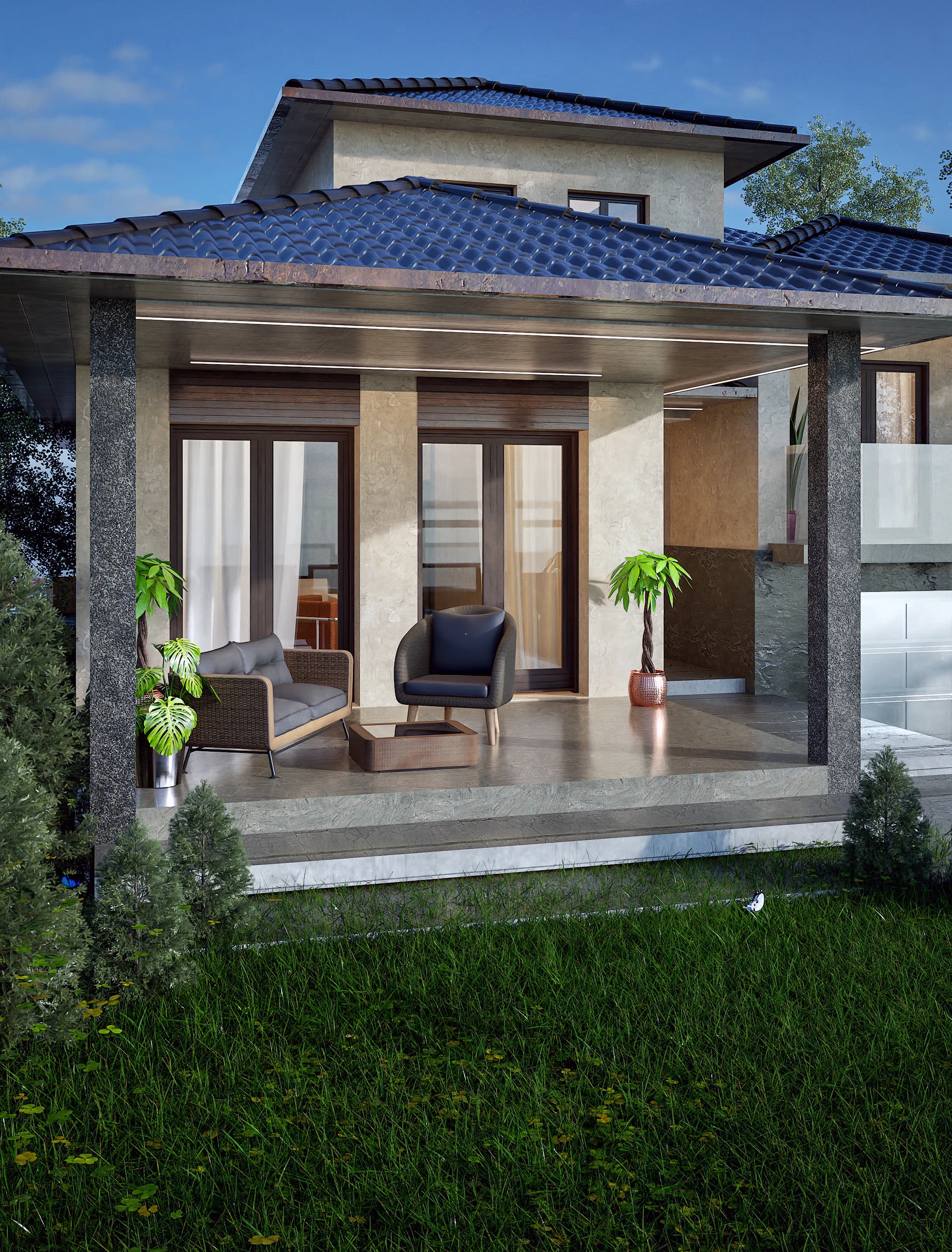 Natura rendering: street view of a contemporary family house with stepped hipped roofs on a sloping plot.