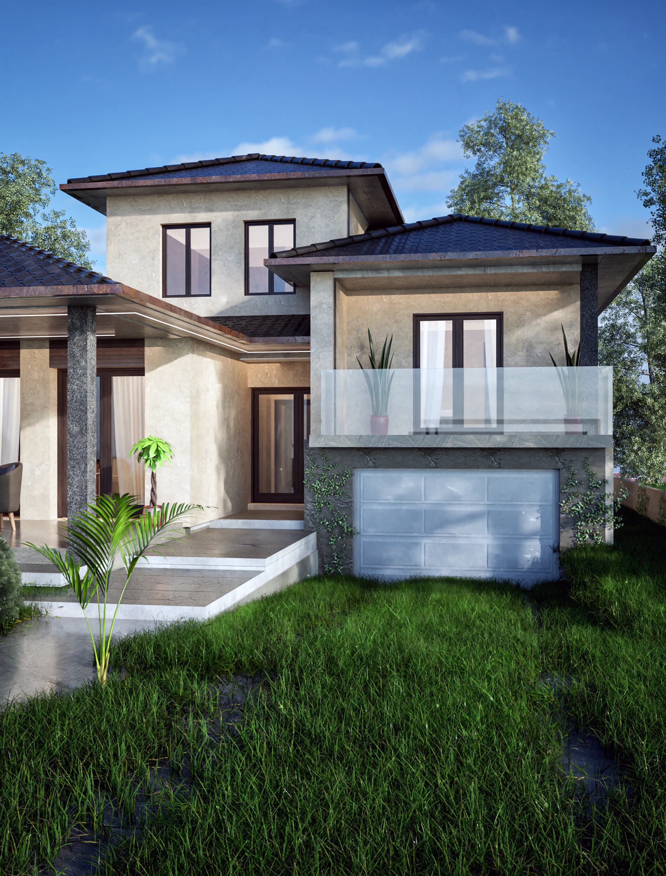 Natura rendering: covered terrace and upper-floor balcony of a contemporary family house.