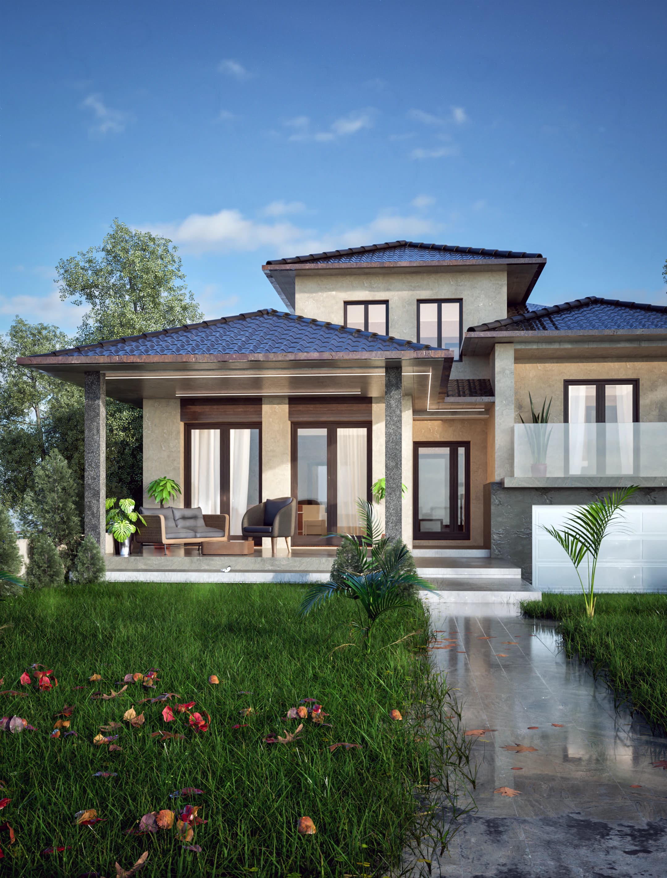 Natura rendering: facade of a contemporary family house combining warm render with stone-clad columns.