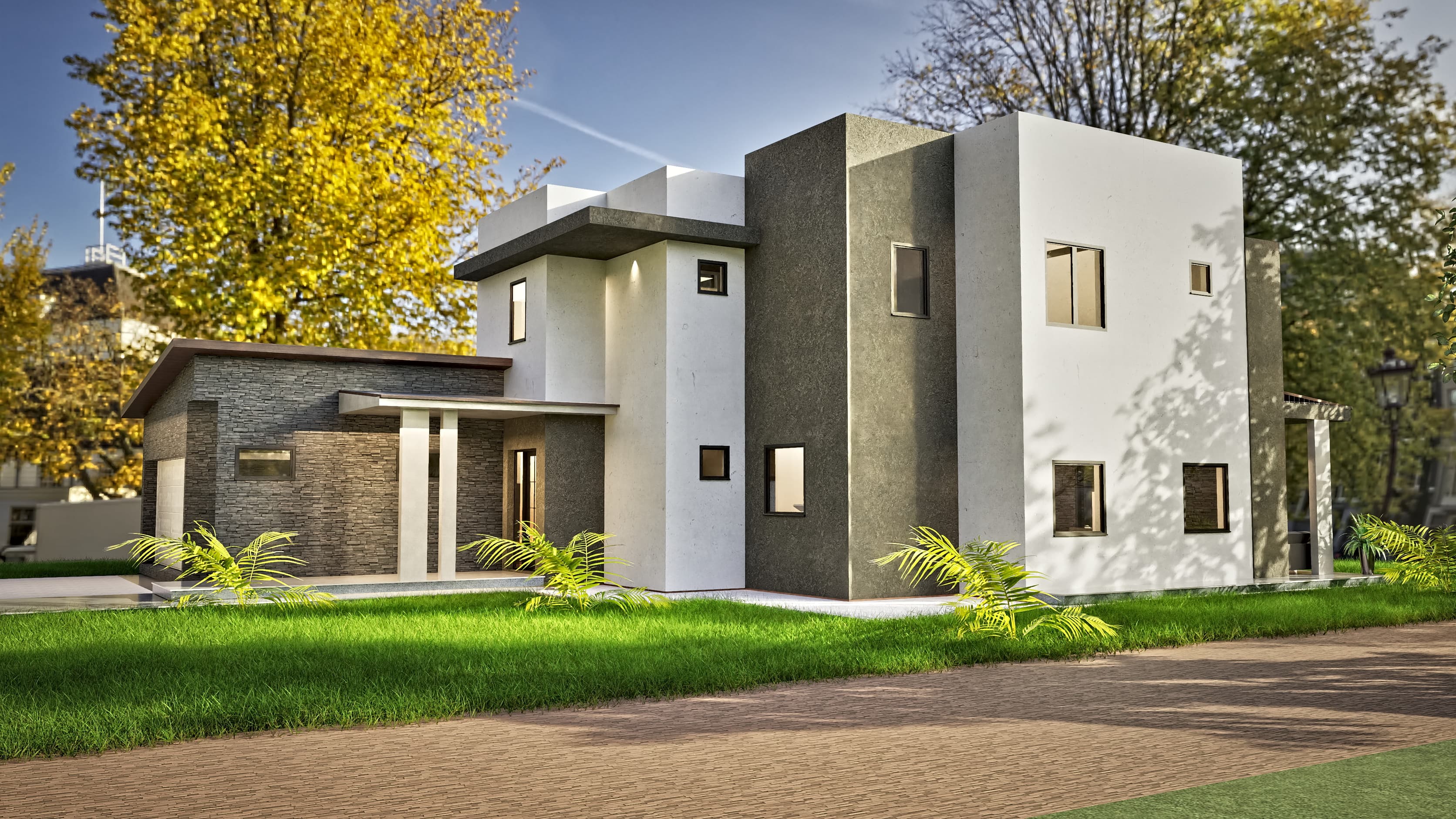 Oasis rendering: terrace with wide glass sliding doors opening from the living area