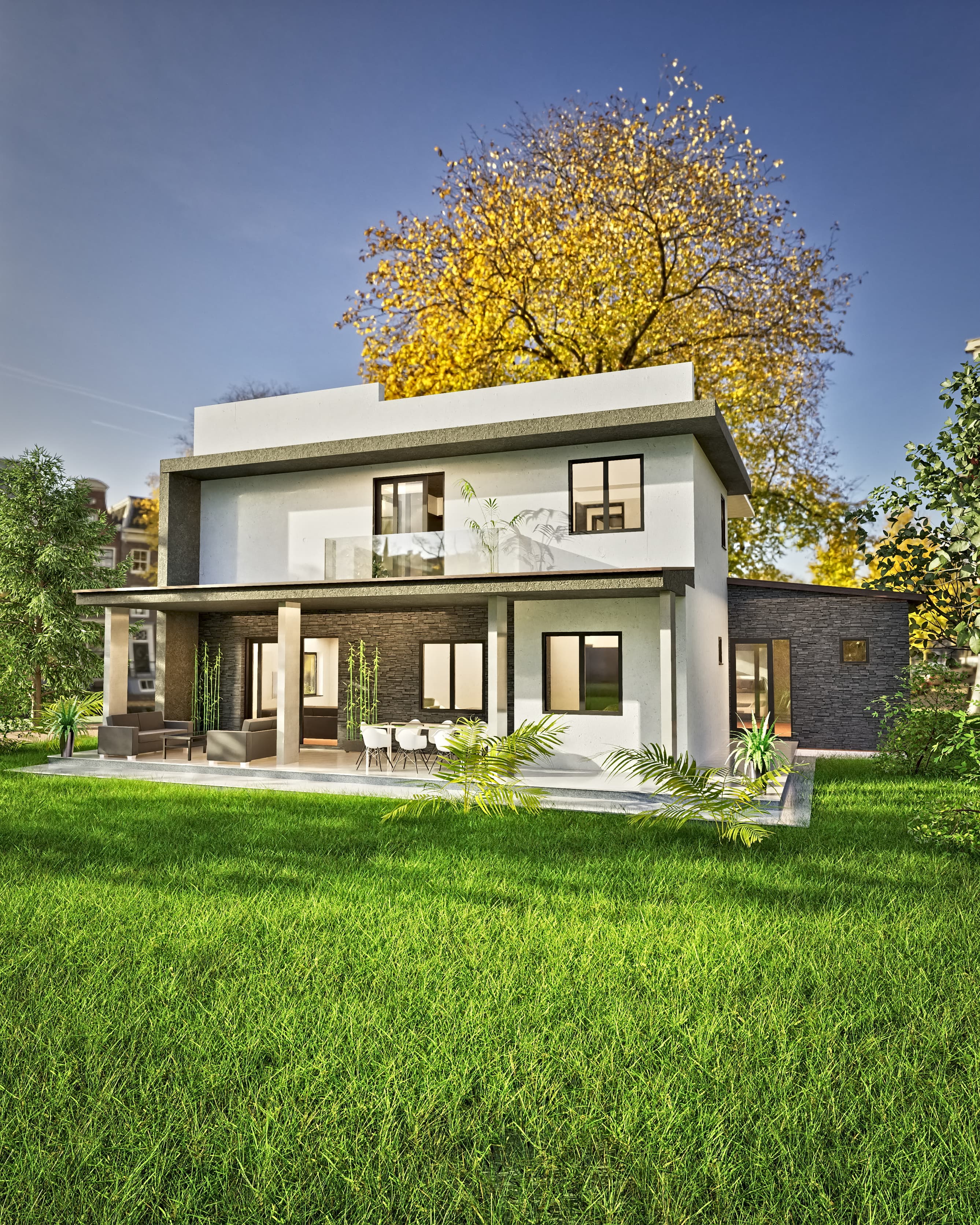 Oasis rendering: two-story flat-roof modern villa with white render, stacked-stone cladding and a covered garden terrace