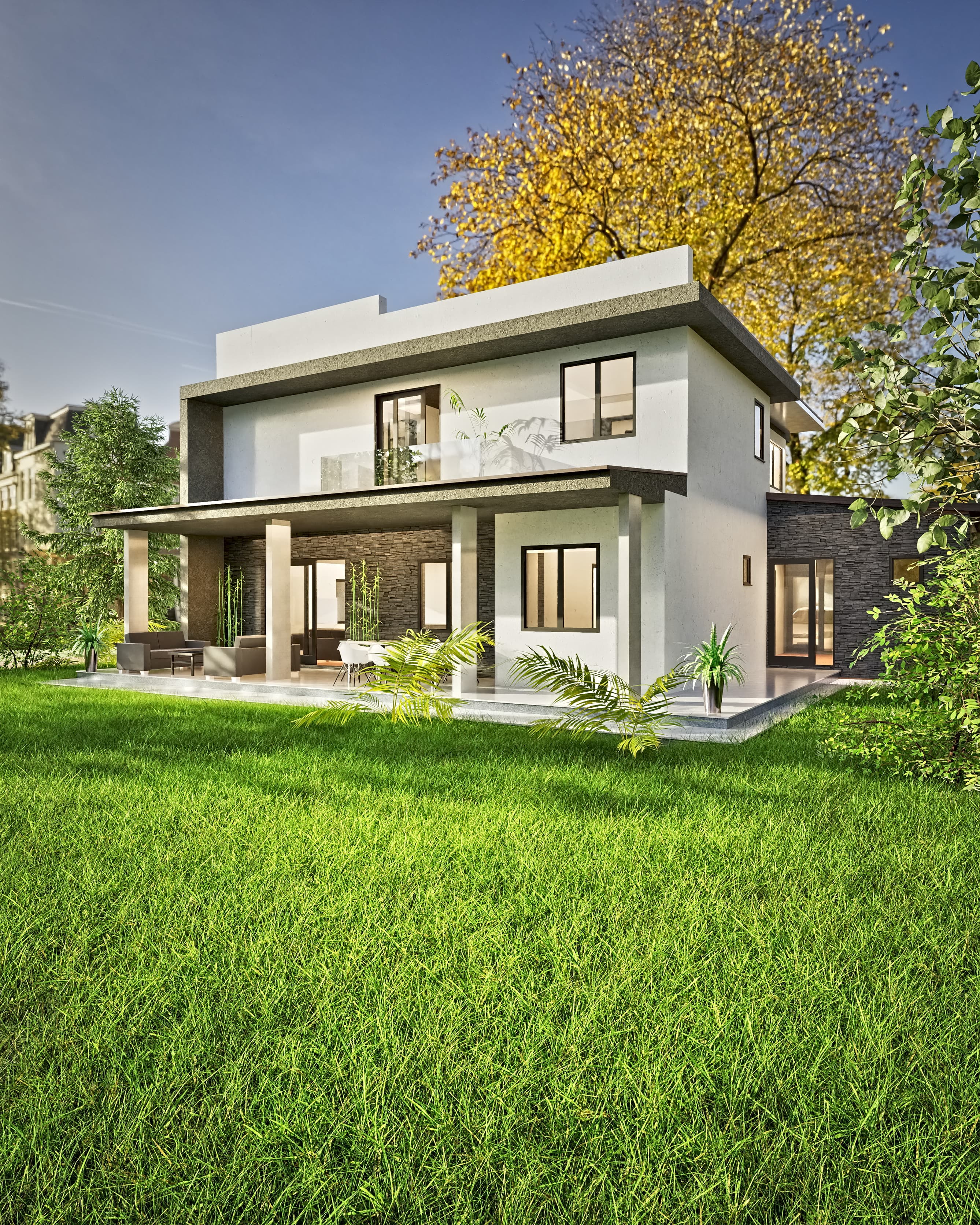 Oasis rendering: side elevation of the Oasis flat-roof house showing its stacked cubic volumes