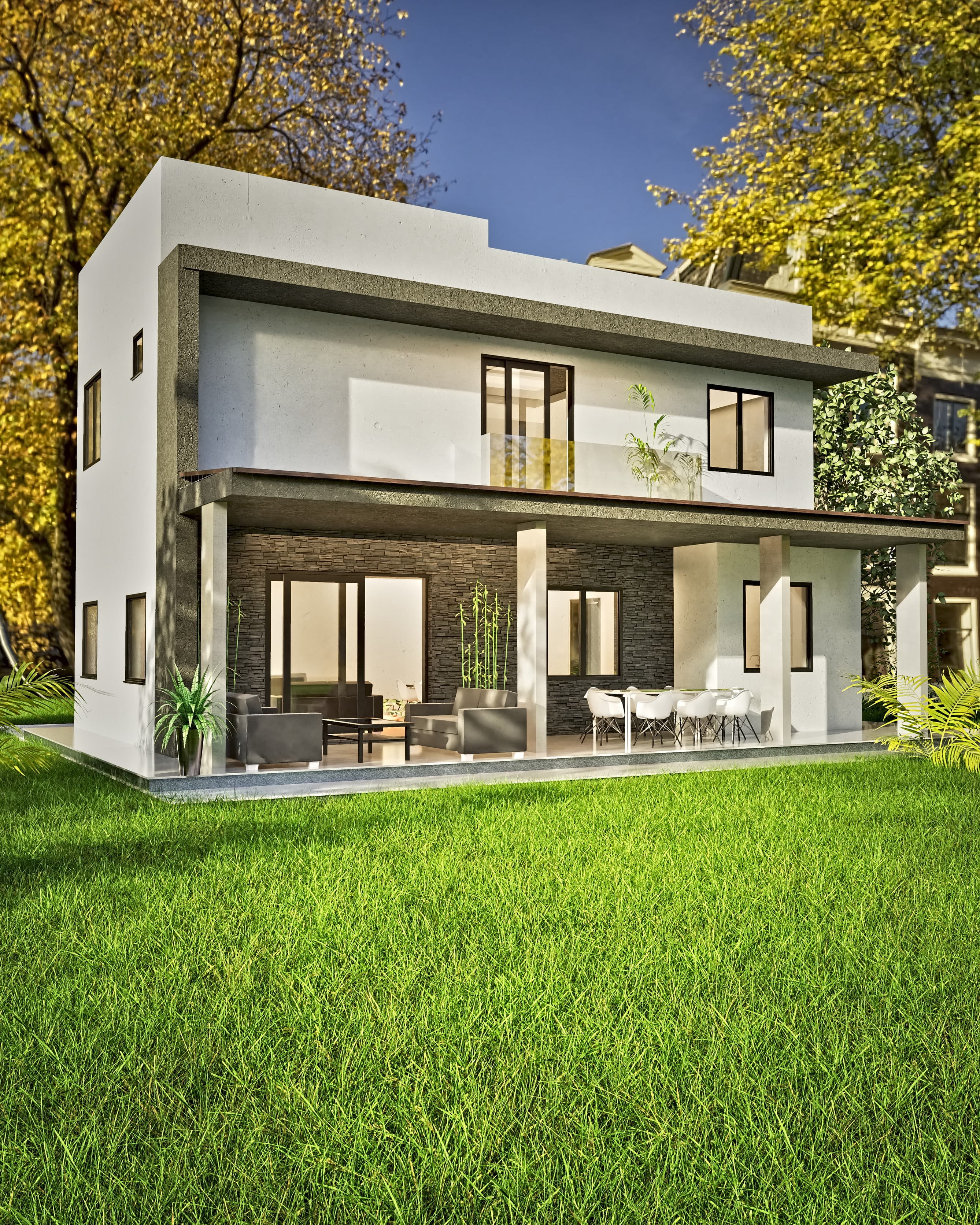 Oasis rendering: covered garden terrace of the Oasis house, set against dark stone cladding