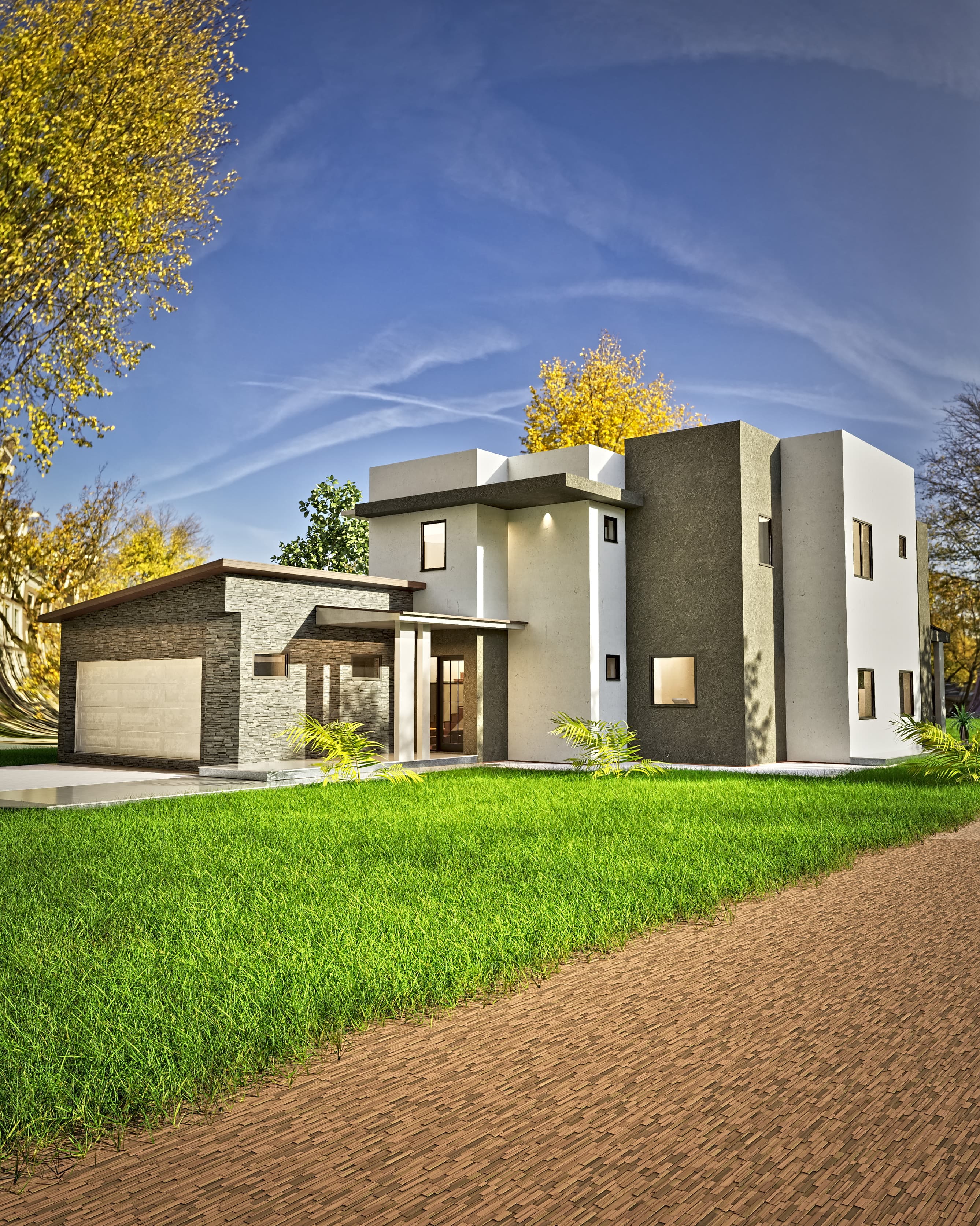 Oasis rendering: street view of the Oasis European modern house with a flat roof and clean horizontal lines