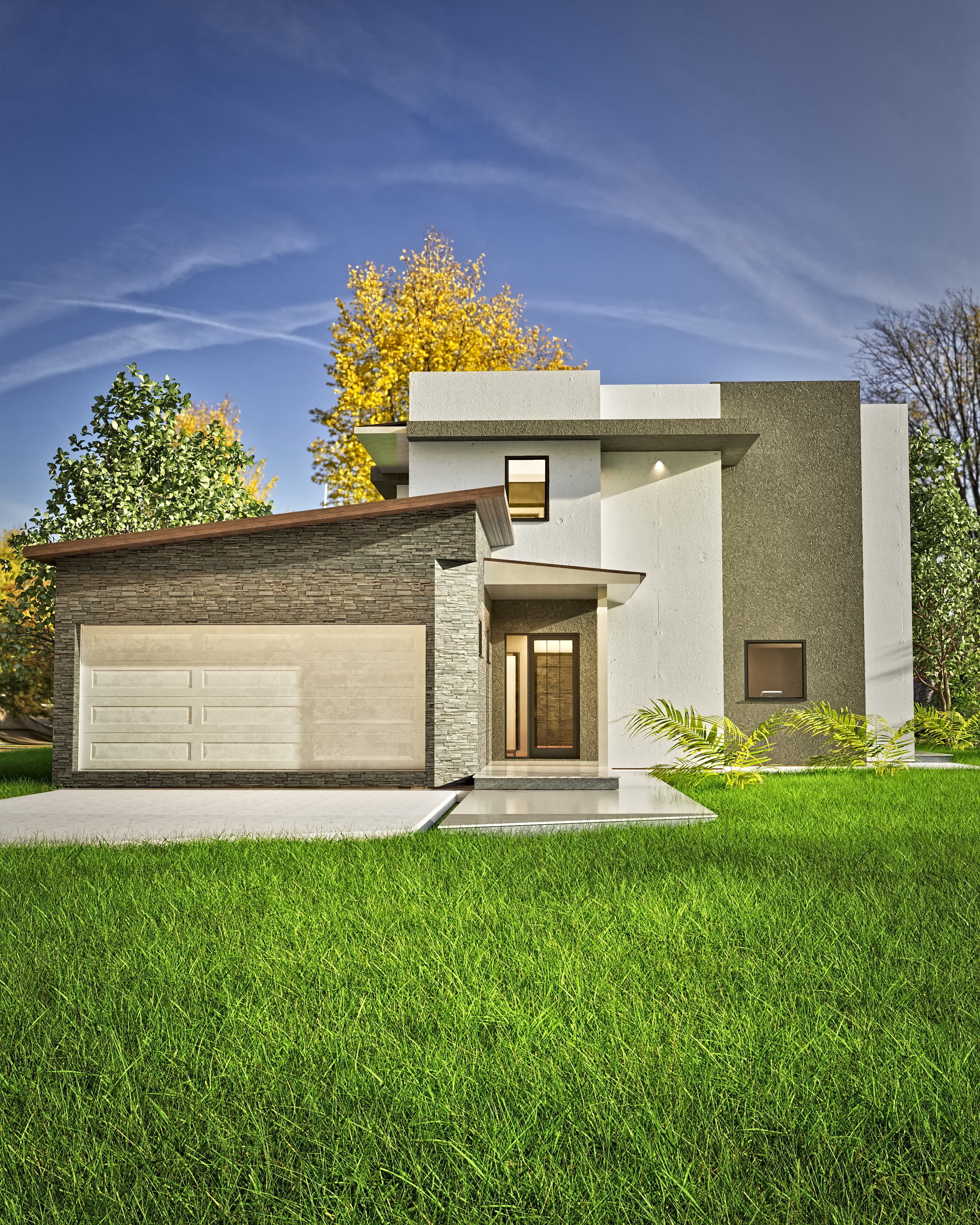 Oasis rendering: facade detail of the Oasis house — white render, dark fascia and stacked stone