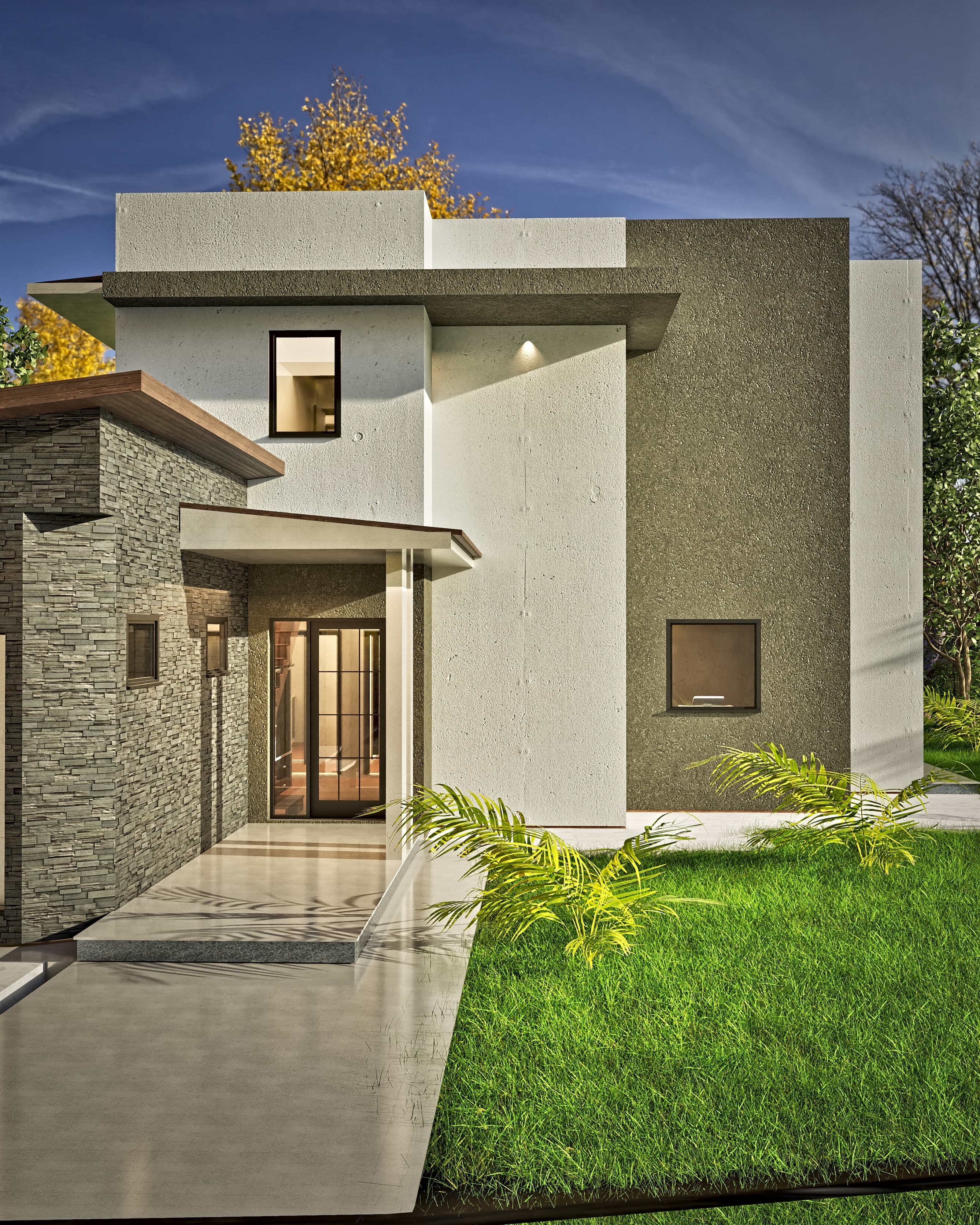 Oasis rendering: perspective of the Oasis house with its attached two-car garage