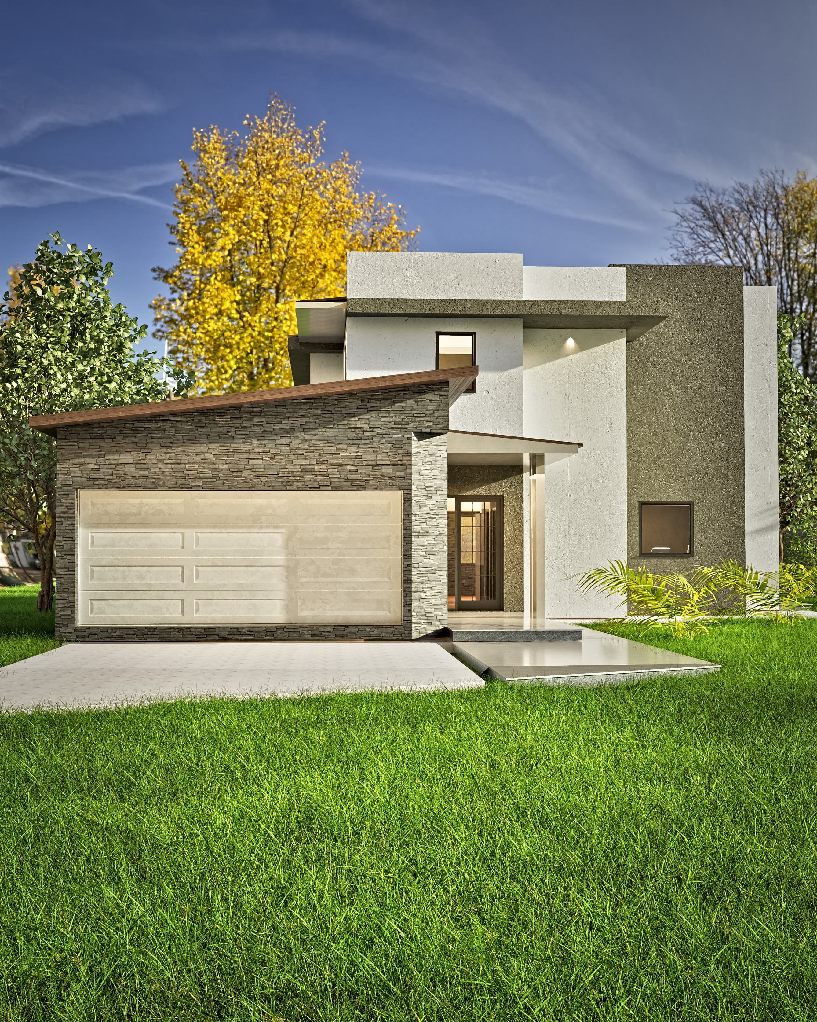 Oasis rendering: the Oasis flat-roof house lit up at night