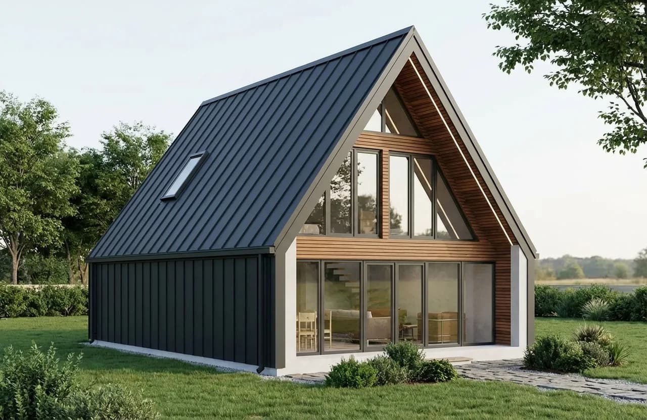 Prism rendering: modern A-frame cabin with a dark standing-seam metal roof, timber-clad gable and full-height glazing