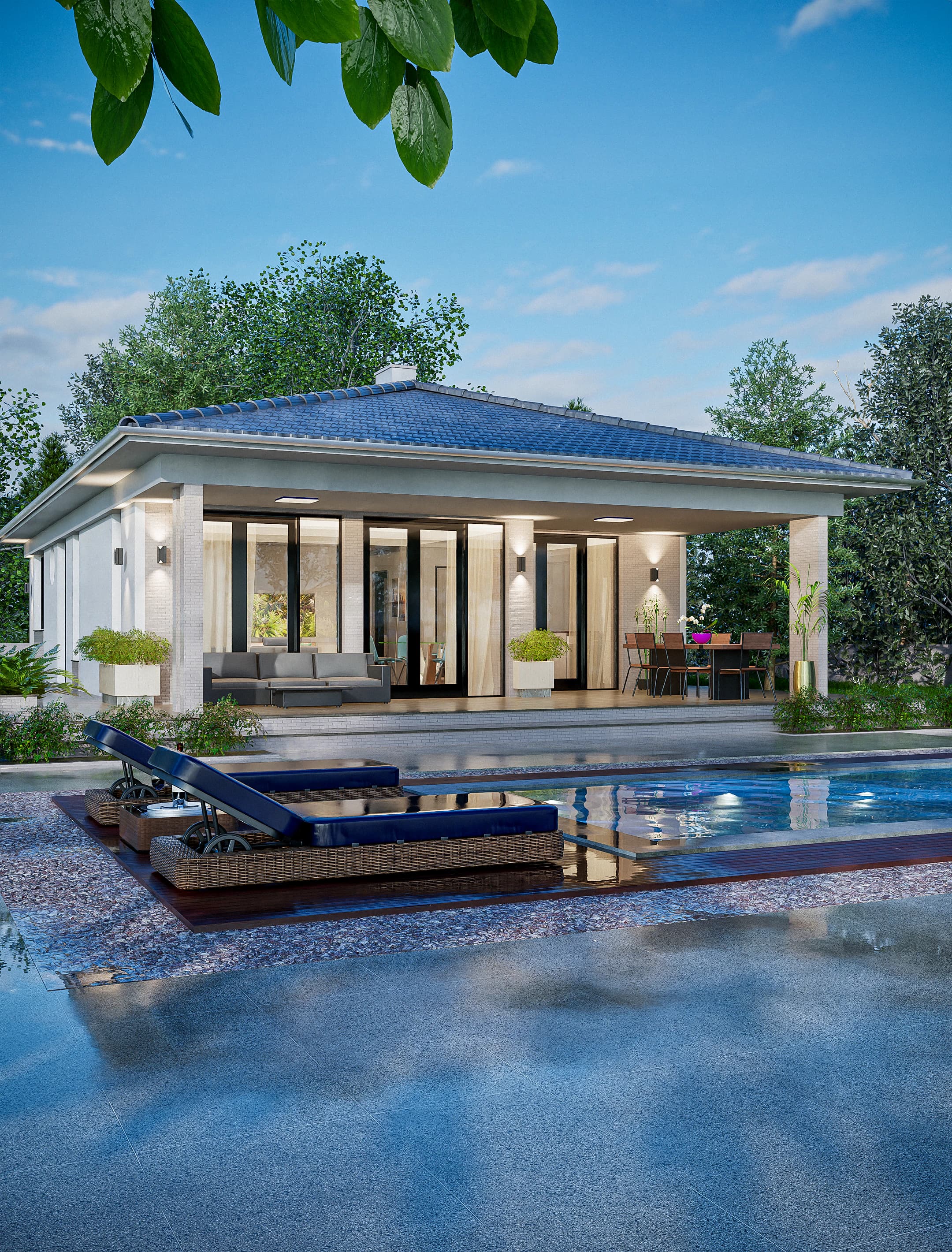 Serena rendering: front view of the Serena single-story house design