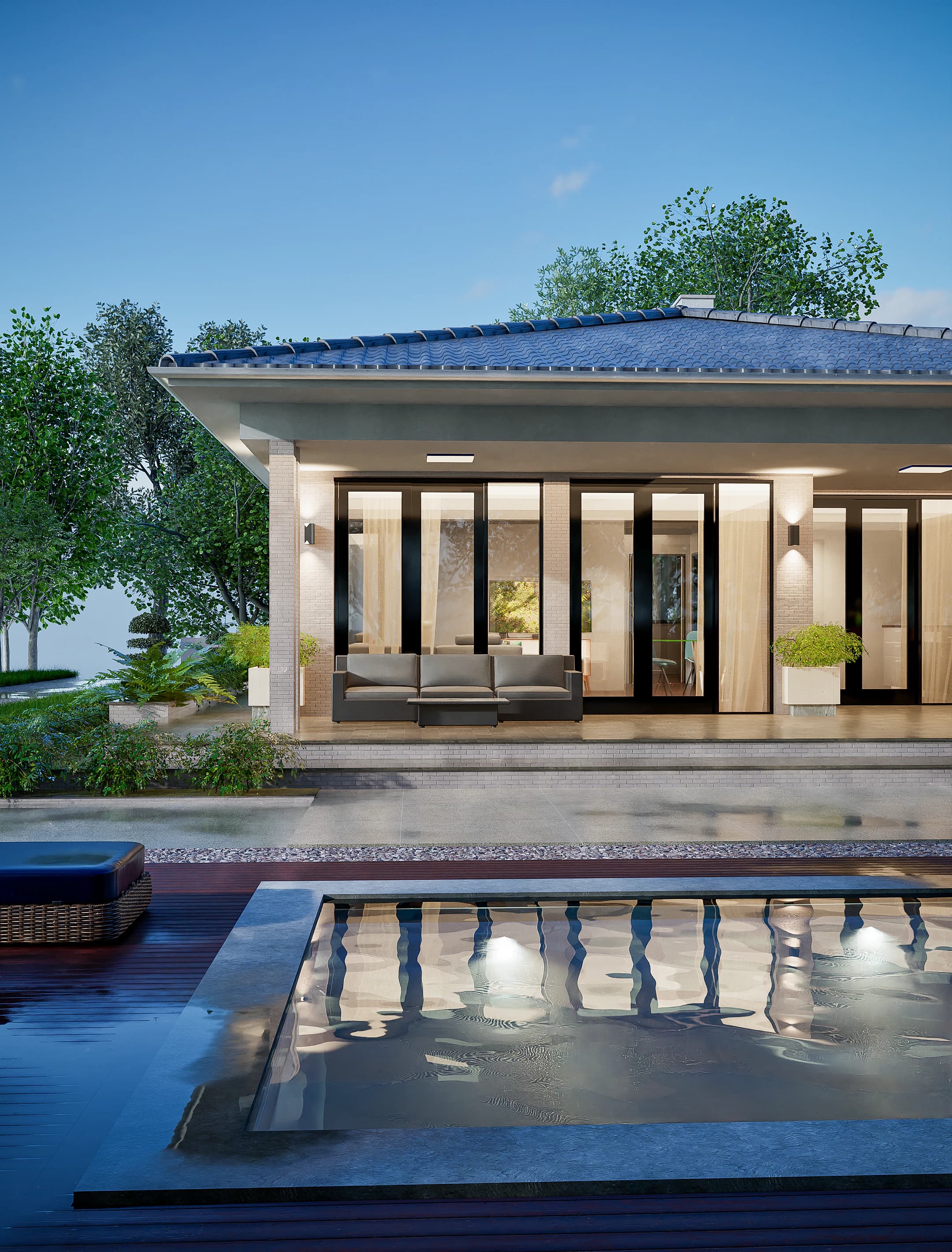 Serena rendering: side view of the Serena house showing the covered terrace