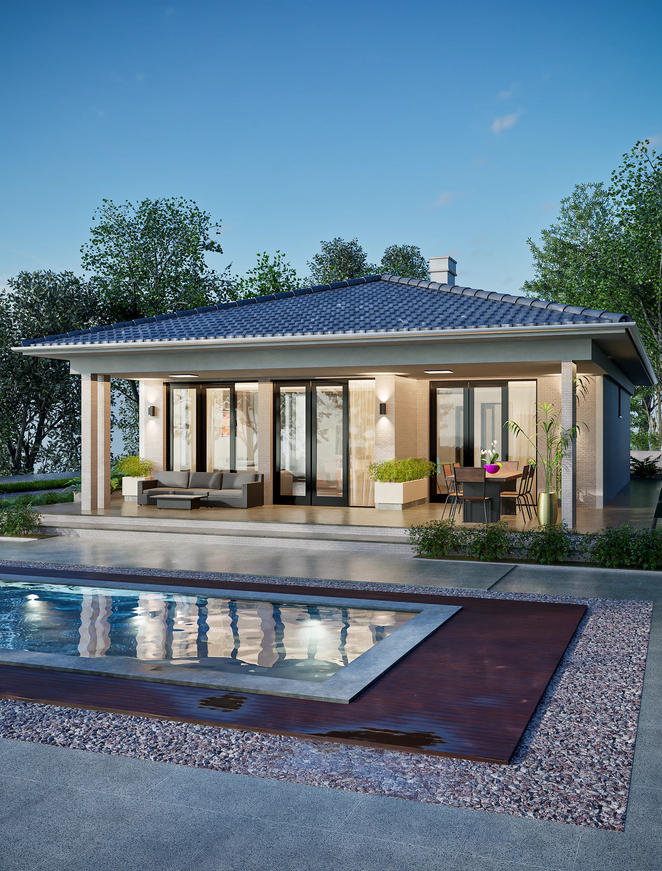 Serena rendering: covered terrace of the Serena house, an outdoor room beside the living area