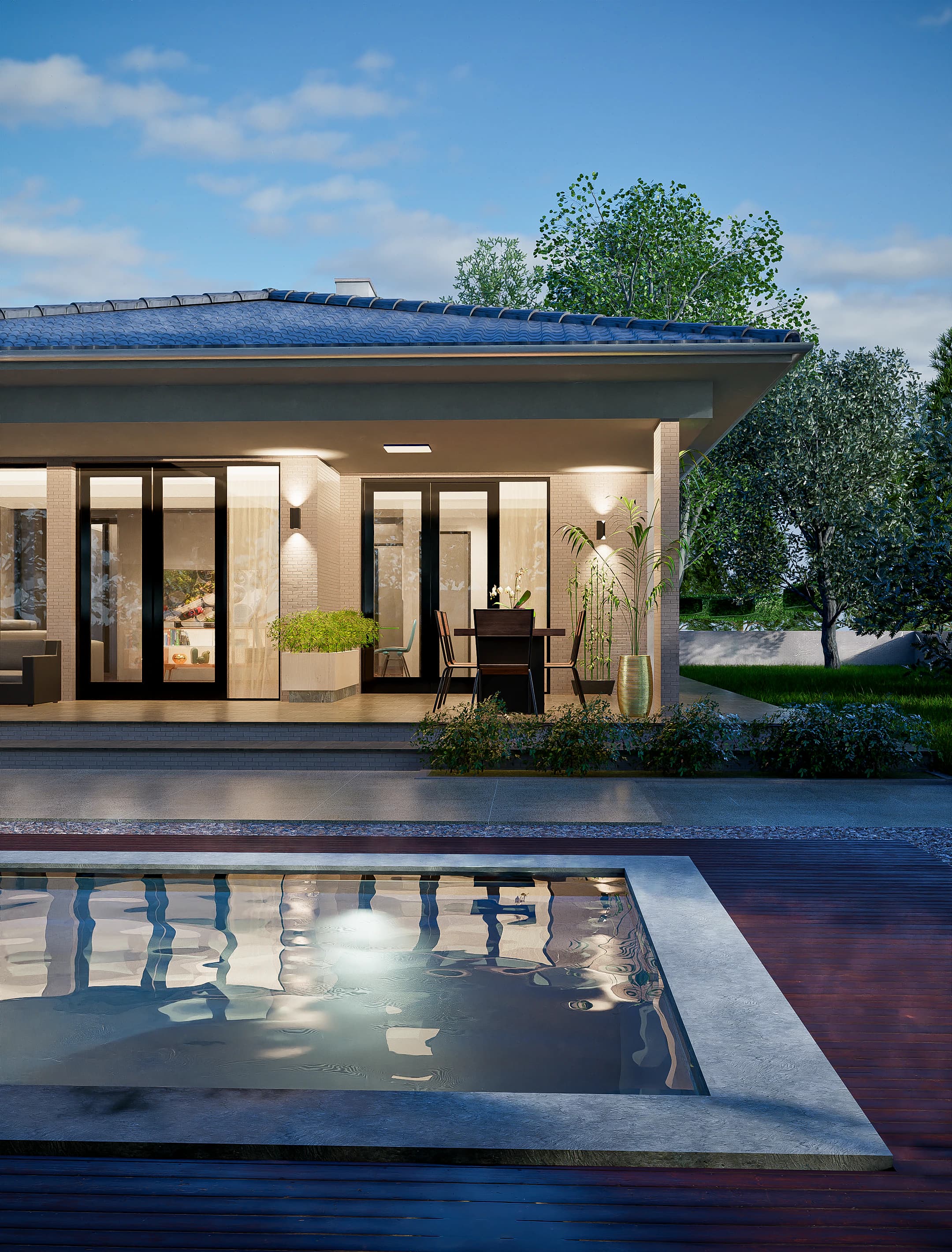 Serena rendering: facade detail of the Serena house — white render and textured cladding