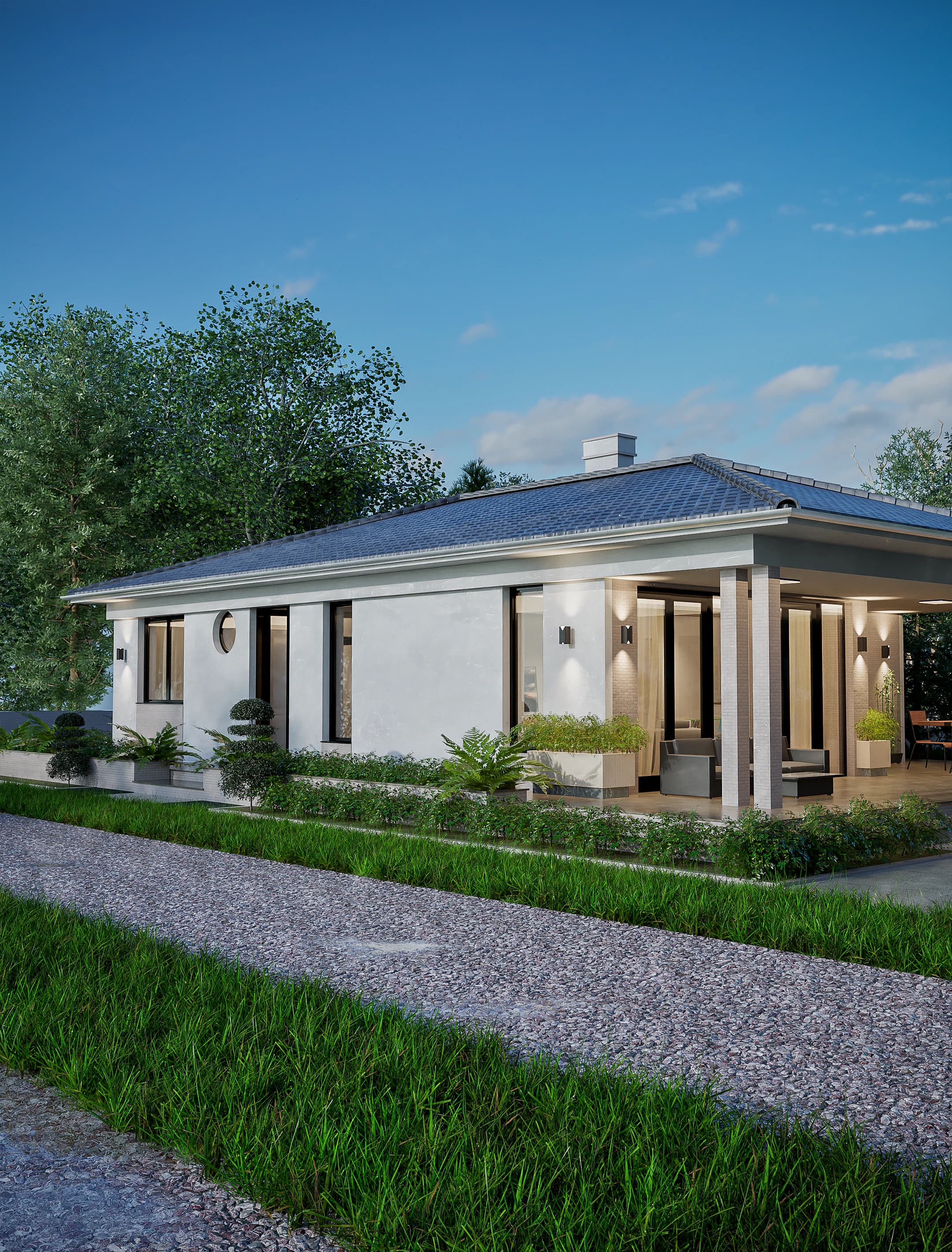 Serena rendering: side view of the Serena house and its landscaped garden