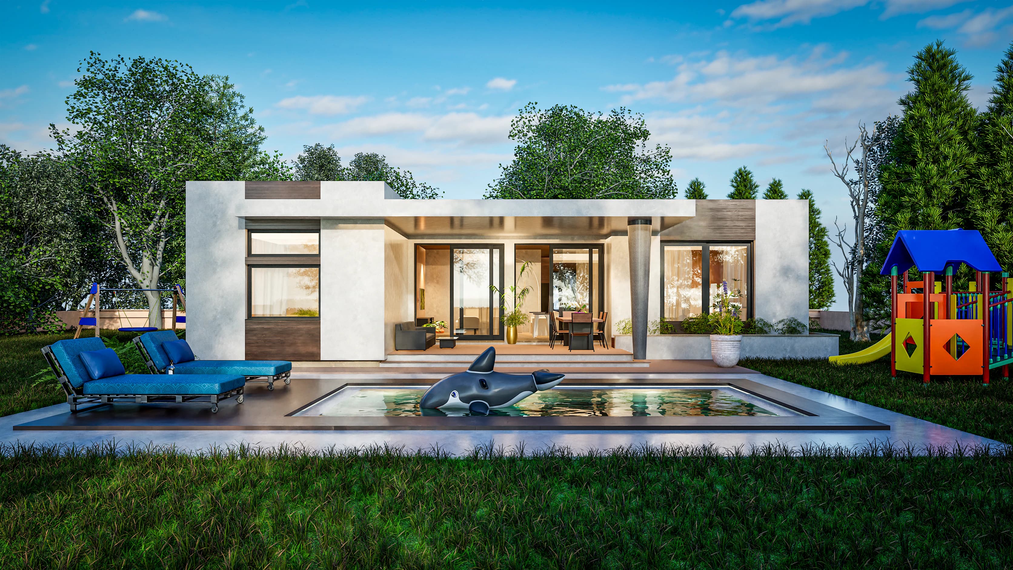 Solana rendering: modern single-story family home, exterior views of the flat-roof design
